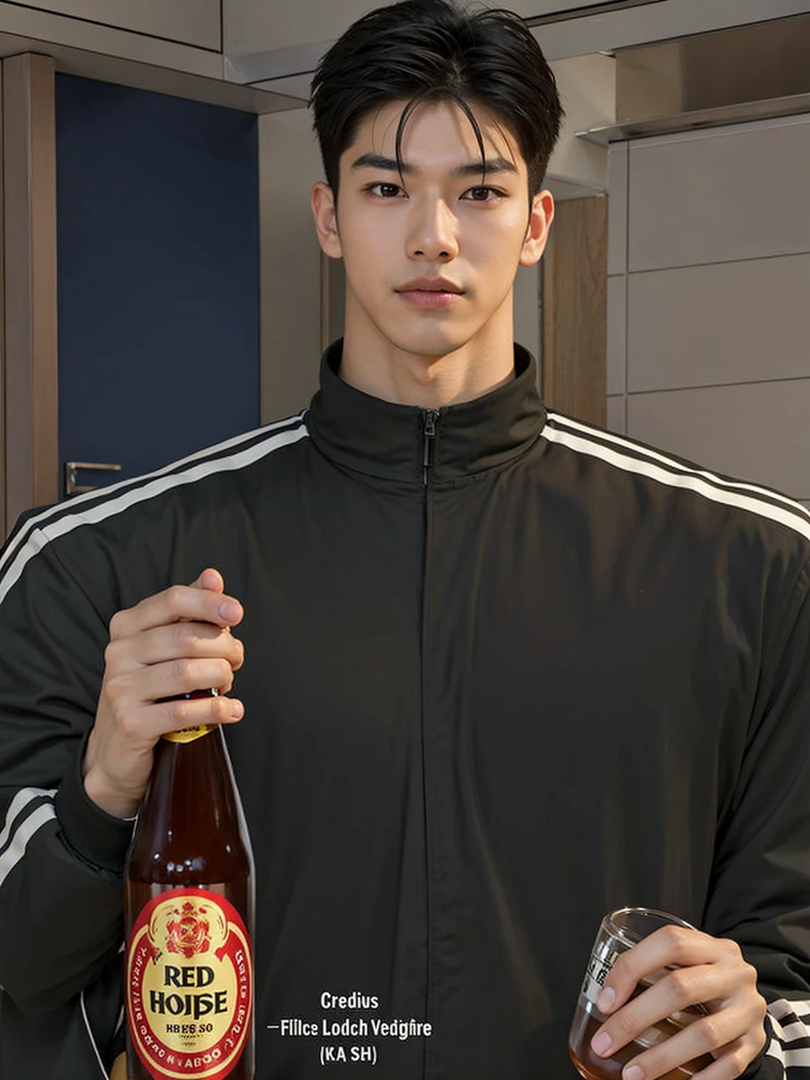 Asian boy, good lighting, smooth hair, glossy skin, blur background, high quality, 8k resolution, holding beer bottle and glass