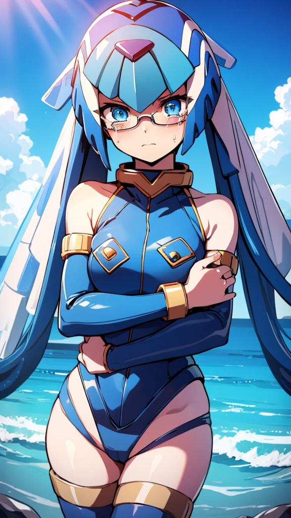 Leviathan_Megamanz, 1 Girl, looking at viewer, blue hair, Blue eyes,Clouds background , Blushed ,  , Wedding ring, Glasses, chibi , cool glasses, crying