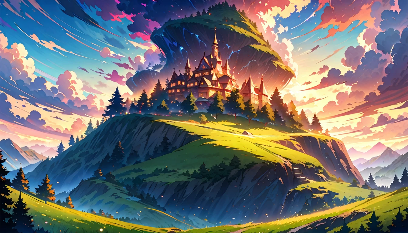 (anime, fantasy), (extremely detailed CG unity 8k wallpaper, masterpiece, best quality, ultra-detailed, depth of filed, HDR:1.2), (a humble small house in the hill, overlaying hill, trees, green). A mesmerizing fantasy with enchanting elements blending seamlessly, fantastical landscapes, vibrant colors, majestic, magical atmosphere, beautiful, extremely detailed, intricate, delicate, serene fantasy, bokeh, cinematic lighting, 8k, high quality