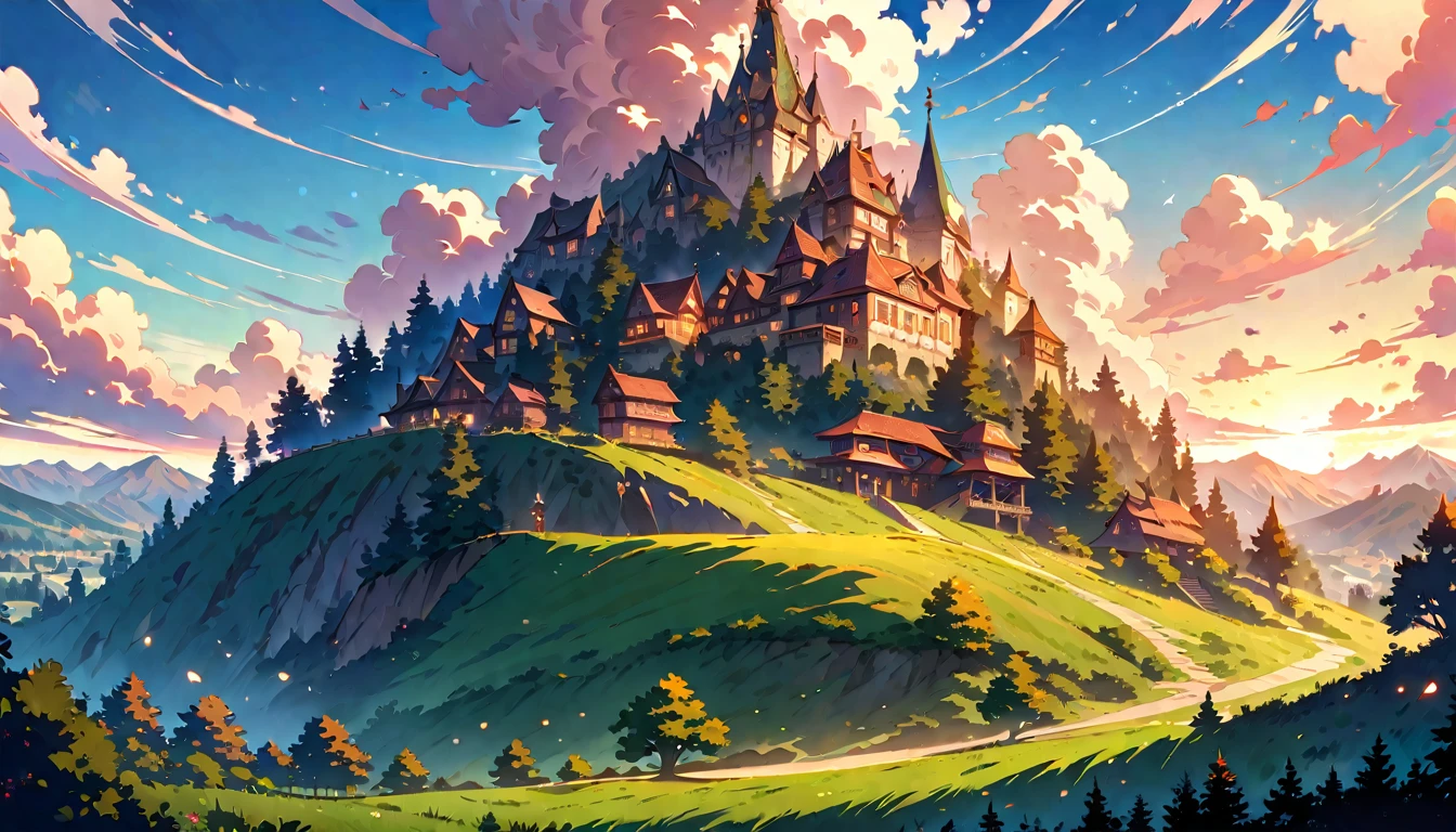 (anime, fantasy), (extremely detailed CG unity 8k wallpaper, masterpiece, best quality, ultra-detailed, depth of filed, HDR:1.2), (a humble small house in the hill, overlaying hill, trees, green). A mesmerizing fantasy with enchanting elements blending seamlessly, fantastical landscapes, vibrant colors, majestic, magical atmosphere, beautiful, extremely detailed, intricate, delicate, serene fantasy, bokeh, cinematic lighting, 8k, high quality
