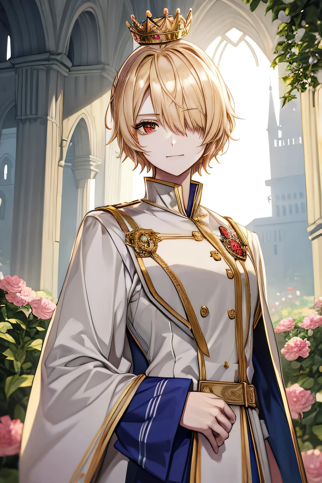 ((masterpiece:1.2、Highest quality))、1 female、((Blonde Short Hair))、(((I'm wearing a crown)))、Red eyes、Long eyelashes、White suit、Fantasy、uniform、Royalty、garden、Blooming Flowers、sunlight、Fantastic Light and Shadow、Scenery of the Royal Palace、Highly detailed face、Invincible Smile、Dynamic depiction、Tホテルのmasterpiece，Highest quality，As-、Short, straight, dark yellow hair，shirt, half-naked,Dressed in strict royal attire, White and gold royal outfit, Handsome anime pose, A beautiful feminine face、Center Section、amount、Sexy、expensive、Handsome、Beautiful shape、Best Style、Cool look、Model pose、(Barrette)、(((Hair on one eye)))、(((One eye is hidden by hair)))、(((Blonde Short Hairー))),(Red eyes)、Mao Sen Moon Song、