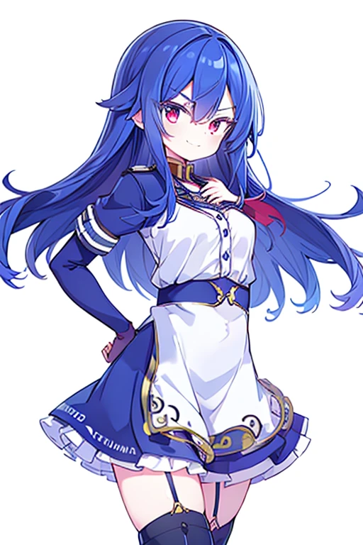 (masterpiece),best quality, perfect face, 1girl, evil smile, hands on waist, beautiful, blue hair, blue hair, floating clothes, waist grab, grabbing waist, red eyes, hands on hips, legs on ground, flat chest, military suit, uniform, miniskirt, black leather thigh boot, leather gloves, white background, military uniform, military