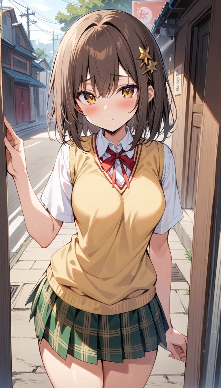 (Masterpiece, Best Quality:1.2), 1 girl, Alone,standing_to divide, Mikan Yuuki, Brown eyes, Brown hair, hair ornament,wide,green plaid skirt, Sainan High , , White shirt, yellow sweater vest, traditional street

