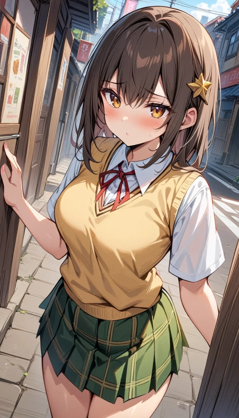 (Masterpiece, Best Quality:1.2), 1 girl, Alone,standing_to divide, Mikan Yuuki, Brown eyes, Brown hair, hair ornament,wide,green plaid skirt, Sainan High , , White shirt, yellow sweater vest, traditional street