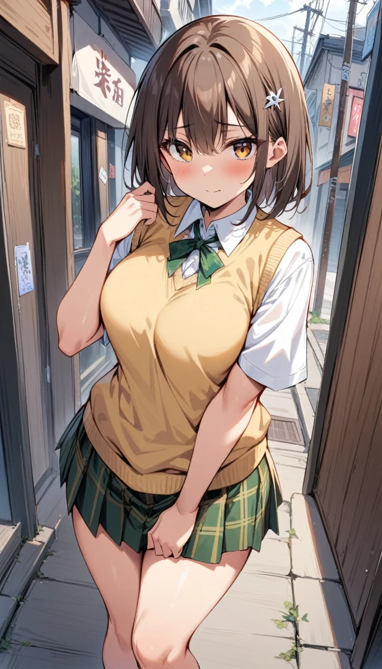 (Masterpiece, Best Quality:1.2), 1 girl, Alone,standing_to divide, Mikan Yuuki, Brown eyes, Brown hair, hair ornament,wide,green plaid skirt, Sainan High , , White shirt, yellow sweater vest, traditional street