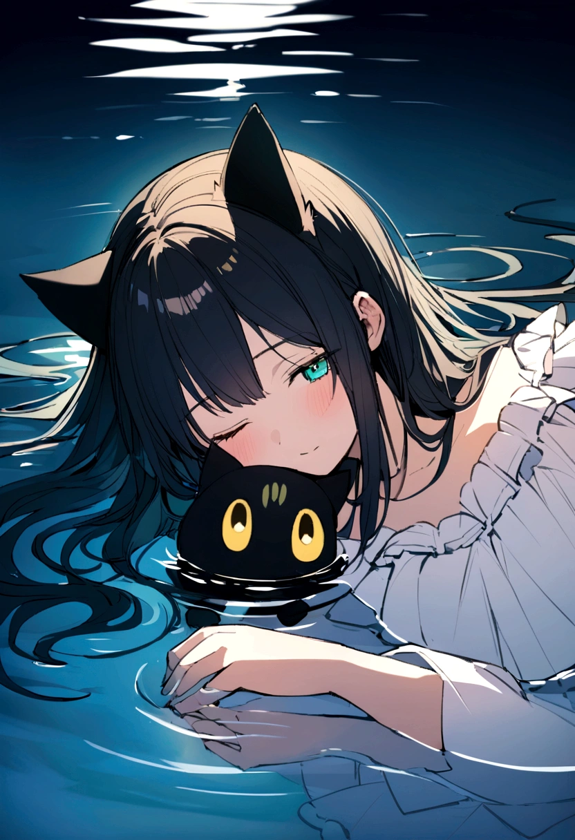 A 15-year-old girl with black cat ears and black hair, wearing a white dress with ruffles, lying on shallow water with a dreamy expression. Her right eye is dark blue, and her left eye is dark green. She has a strand of hair falling over the right side of her face, but it doesn't completely cover her right eye. The background includes a bright, blue sky reflected in the water, with vibrant and detailed colors, emphasizing her emotions. The scene should be serene and peaceful, without any cats.
