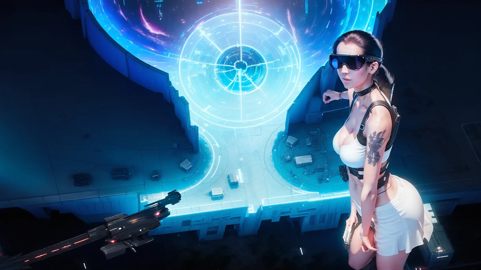 brightly colored abstract (((((aerial view))))) image of a space station with a spiral, epic beautiful space scifi, chaotic cinematic space rift, greg beeple, planets colliding, beeple and tim hildebrandt, beeple and jean giraud, end of the universe, galaxy space sci-fi, ringworld, (((((dark ink))))), by Mike "Beeple" Winkelmann. at night, (((((1girl, solo))))), photo realistic, (((((large-breast:1.1 slim body, cleavage:1.4))))), (((off broken mini sling-shirt and black sling bra, extreamly short white pleated miniskirt, micro panty))), (((((running pose))))), (((((((matrix style black micro sunglasses))))))), ((((((((((aiming with a short gun)))))))))), (((((looking at camera))))), (((very low view))), (((((half-body thigh level medium shot))))), (((cinematic lighting))).