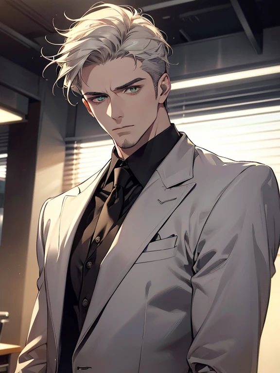 (best quality, masterpiece, 8K, photorealistic, cinematic lighting, hdr image, ultra detailed, beautiful image), 1 man, 31 years old, mature man, very handsome, (without expression, serious), short white hair, green eyes ( penetrating gaze), imposing posture, businessman, office background