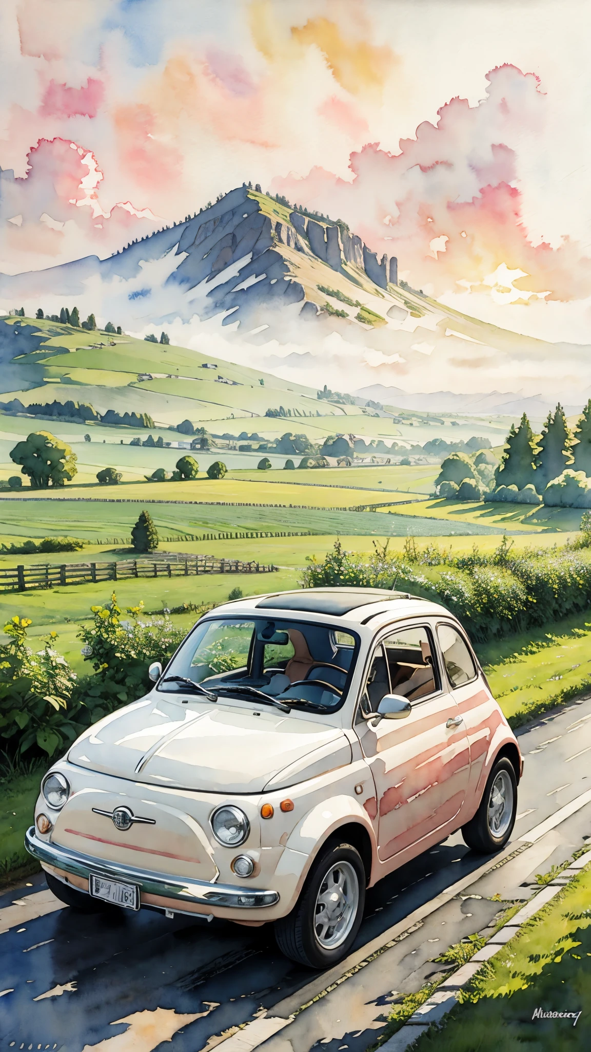 (masterpiece:1.2, Highest quality),(Very detailed),(((watercolor))),8K,wallpaper,A cream-colored Fiat 500 driving through the countryside,Sunset,(((Ghibli style))),透明watercolor