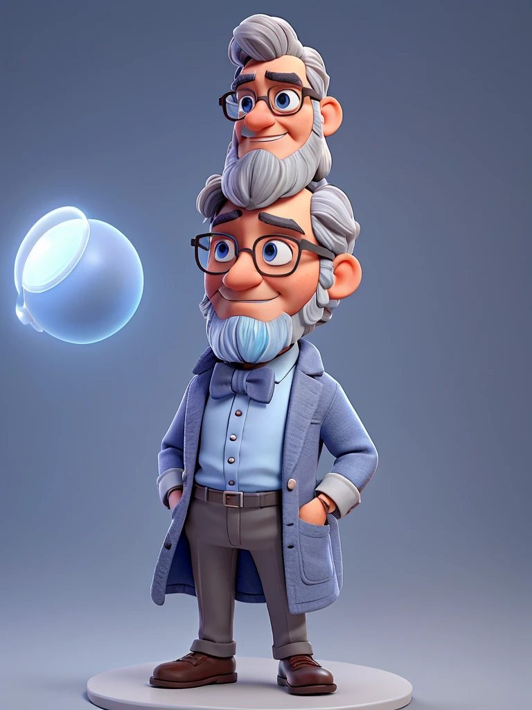 Dr. Sapiens Galileo is an approximately 45-year-old scientist with short, wavy gray hair, deep blue eyes, and a light gray beard. He wears a white lab coat over a light blue shirt with a black bow tie. He wears round metal-framed glasses and a vintage watch with a brown leather strap. He holds a futuristic tablet in one hand and a miniature model of the solar system in the other. His expression is serene and thoughtful, with an upright posture and a slight smile.