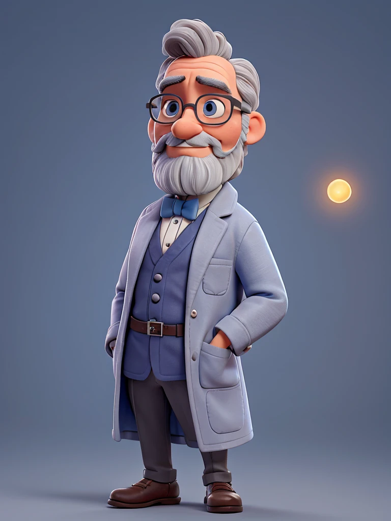 Dr. Sapiens Galileo is an approximately 45-year-old scientist with short, wavy gray hair, deep blue eyes, and a light gray beard. He wears a white lab coat over a light blue shirt with a black bow tie. He wears round metal-framed glasses and a vintage watch with a brown leather strap. He holds a futuristic tablet in one hand and a miniature model of the solar system in the other. His expression is serene and thoughtful, with an upright posture and a slight smile.