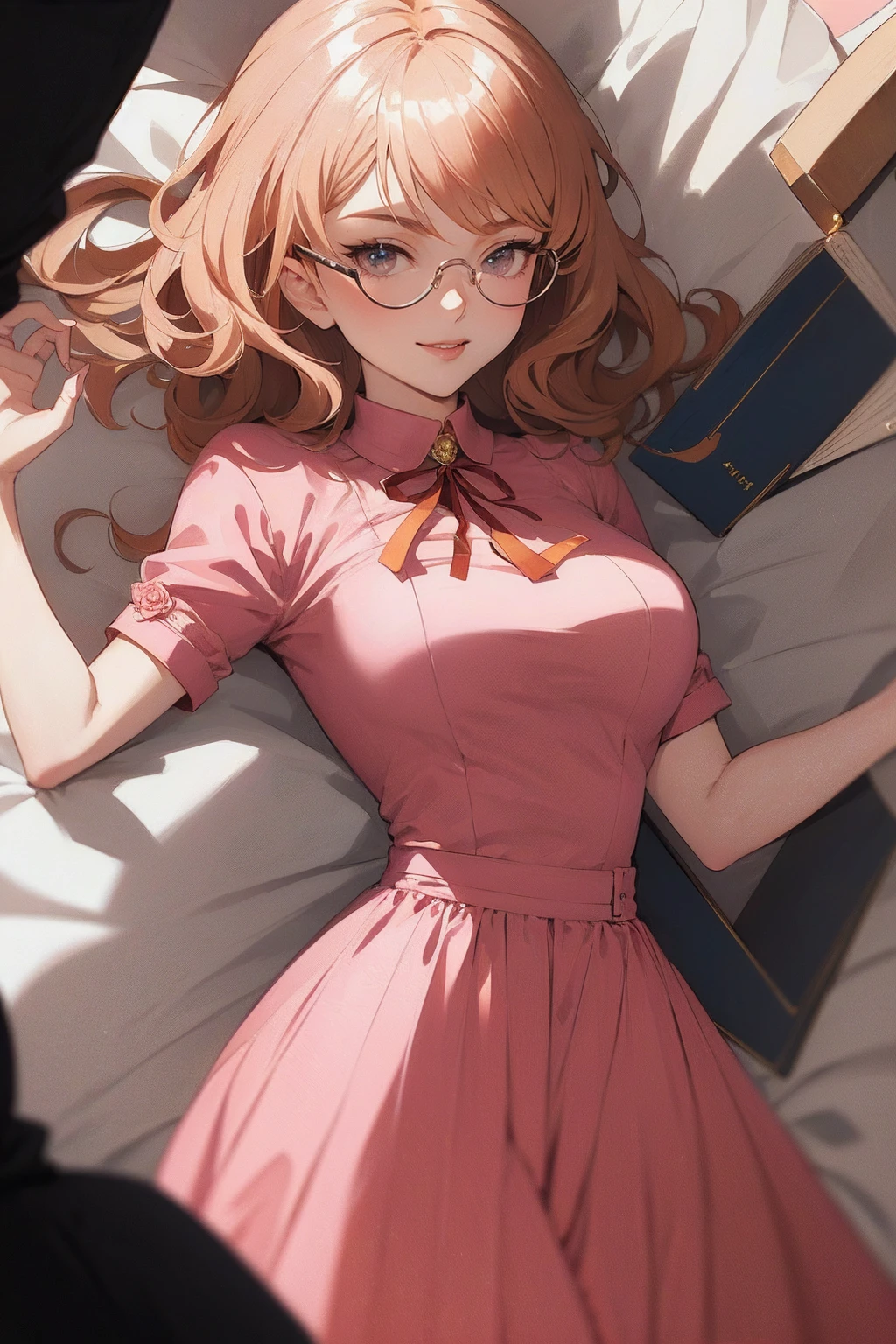 {-erro_de_anatomia:1.0}(best quality,4k,8k,highres,masterpiece:1.2) Anime girl tuxedo with curly rose gold hair and round gold glasses, rose gold eyes. Guviz style art, attractive detailed art style, Charlie Bowater Style, 1 7 - year - old cute anime girl, detailed manga style, detailed anime character art, germ of art. High detail, stunning manga art style. Rose dress. (pink dress) . Wearing rose gold Victorian clothing. Dancing, walking, drinking, reading, writing, lying, standing, on your back, dynamic poses, smile, closed mouth. Different Pose, upper body