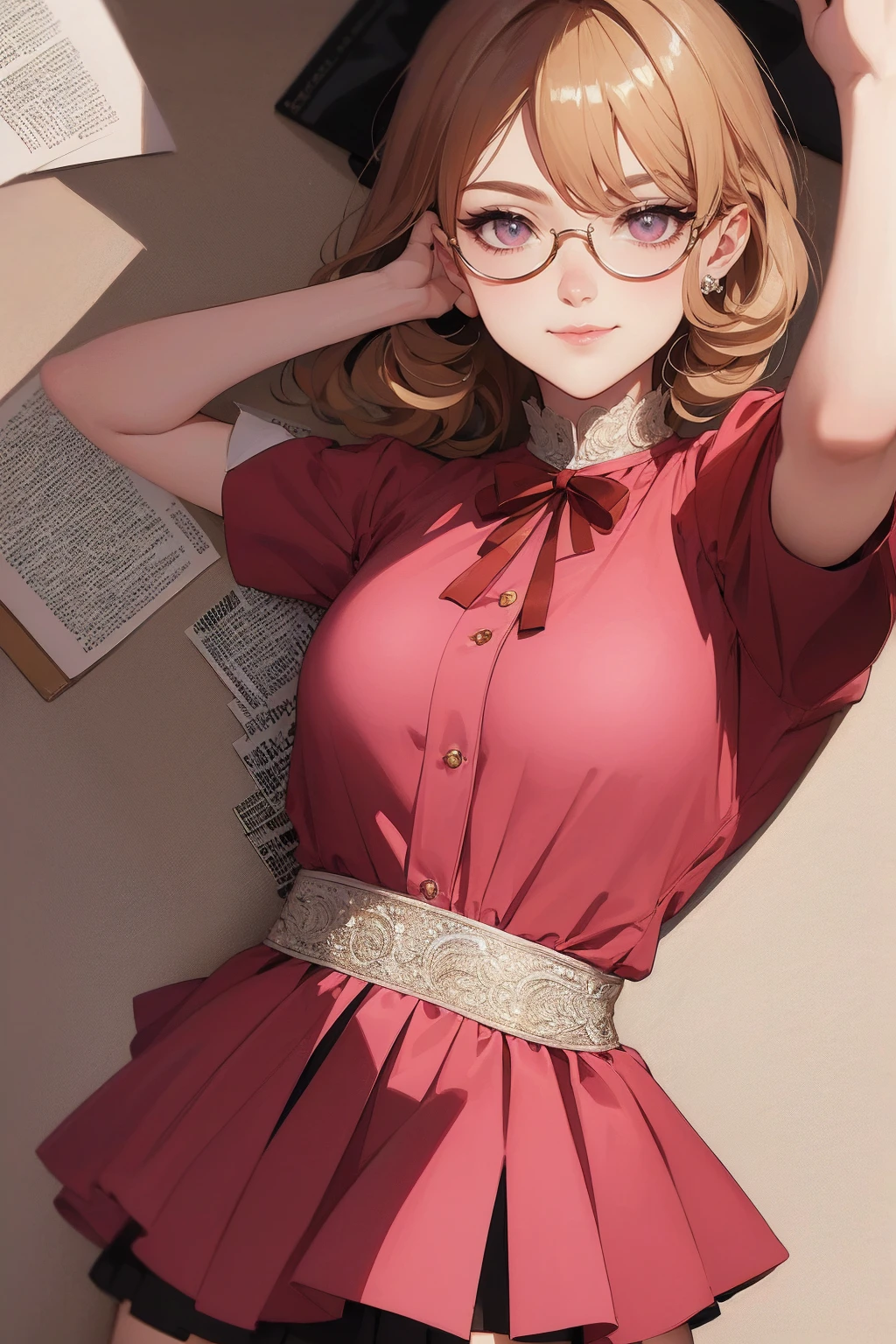 {-erro_de_anatomia:1.0}(best quality,4k,8k,highres,masterpiece:1.2) Anime girl tuxedo with curly rose gold hair and round gold glasses, rose gold eyes. Guviz style art, attractive detailed art style, Charlie Bowater Style, 1 7 - - old e anime girl, detailed manga style, detailed anime character art, germ of art. High detail, stunning manga art style. Rose dress. (pink dress) . Wearing rose gold Victorian clothing. Dancing, walking, drinking, reading, writing, lying, standing, on your back, dynamic poses, smile, closed mouth. Different Pose, upper body