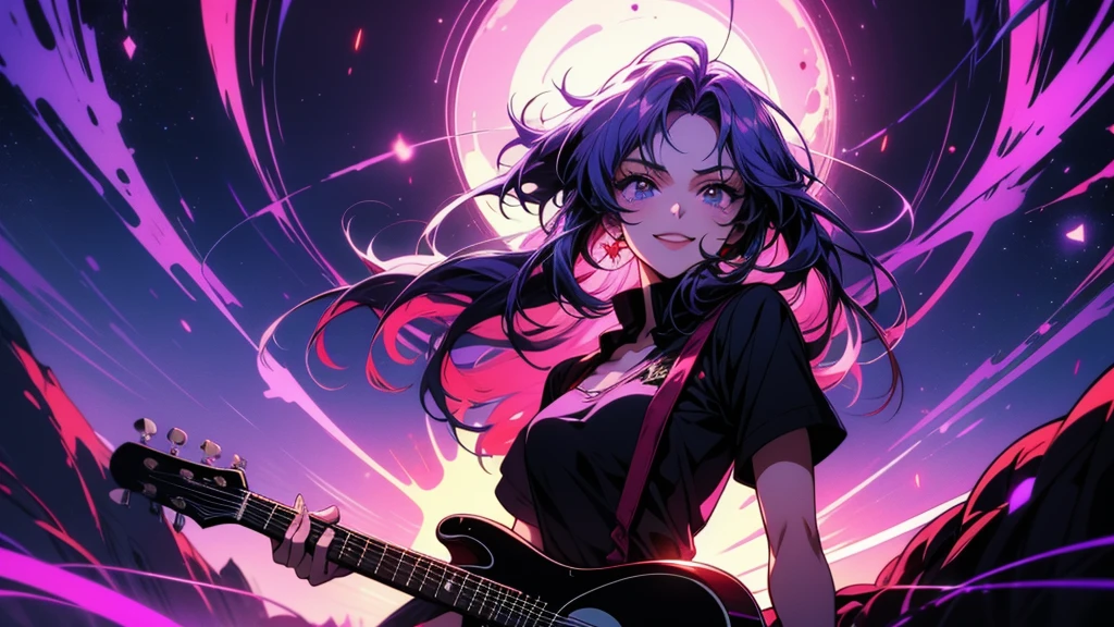 Long and purple haired anime girl holding a guitar, Anime Cover, Anime Moe Art Style, Best anime 4k konachan wallpaper, Anime Style 4k, Nightcore, anime peripheral, Anime Style, no game No life, mirai nikki, Smiling in despair, Anime Background, Akasuki Void Star, Anime Wallpaper