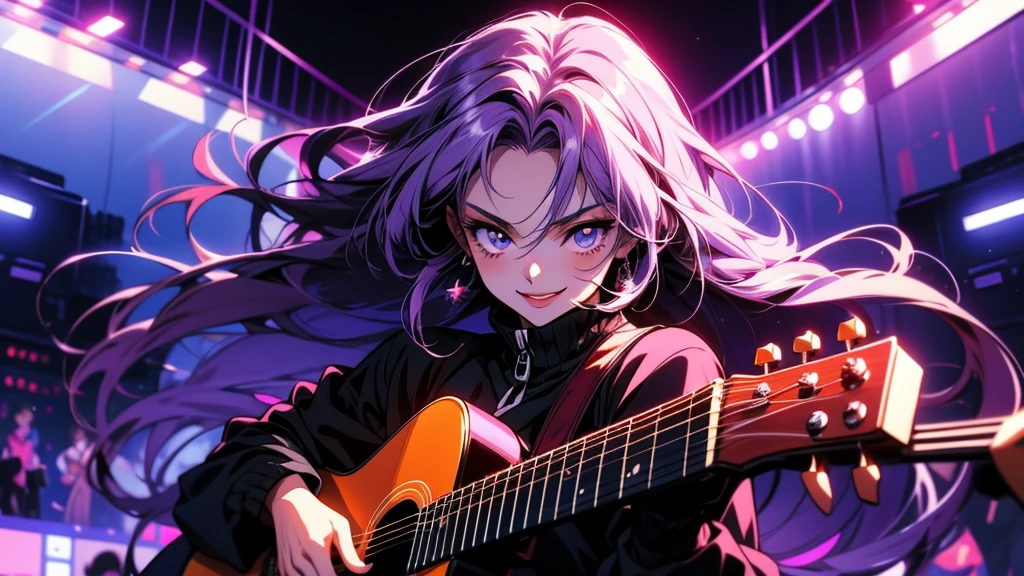 Long and purple haired anime girl holding a guitar, Anime Cover, Anime Moe Art Style, Best anime 4k konachan wallpaper, Anime Style 4k, Nightcore, anime peripheral, Anime Style, no game No life, mirai nikki, Smiling in despair, Anime Background, Akasuki Void Star, Anime Wallpaper