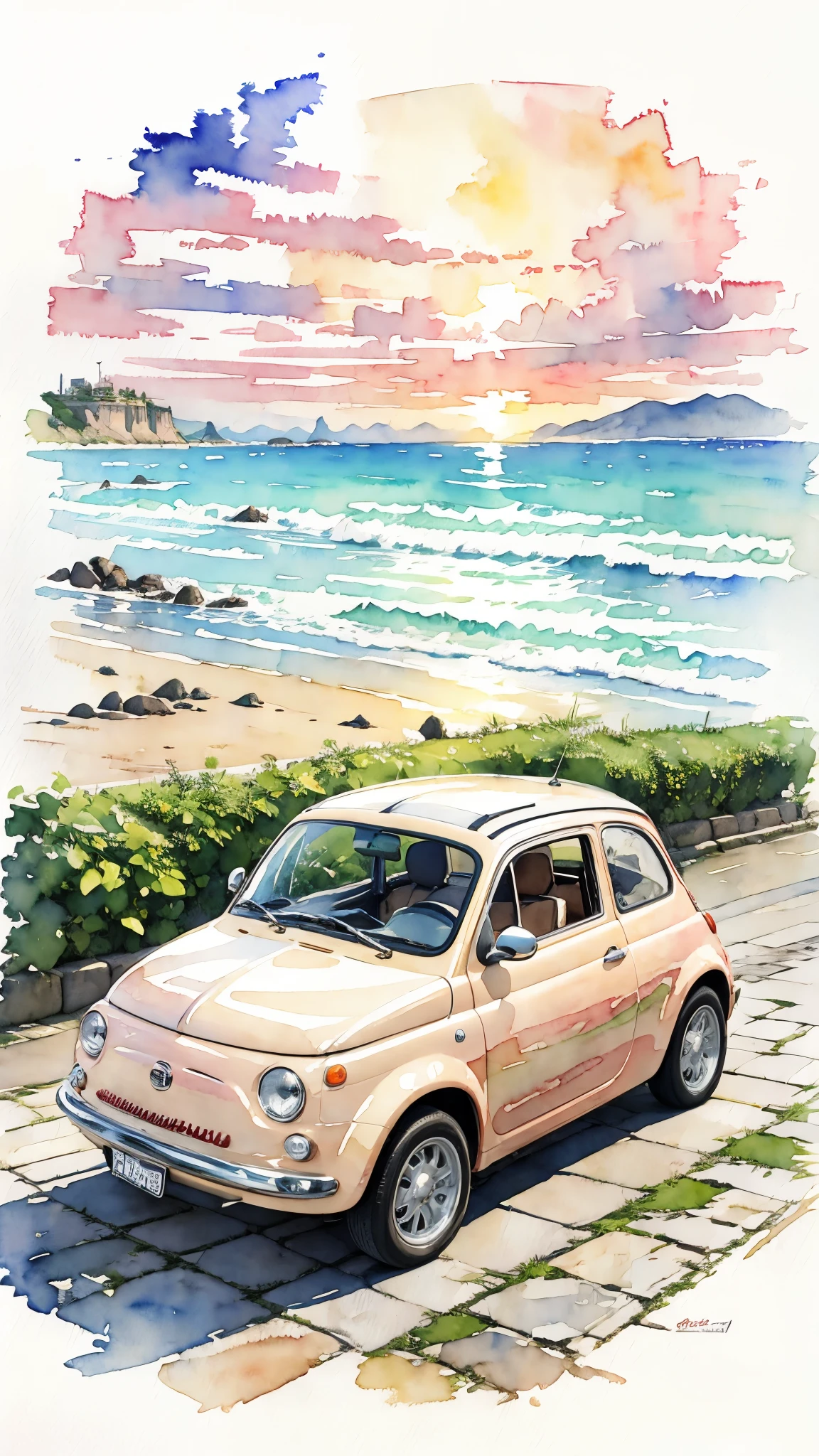 (masterpiece:1.2, Highest quality),(Very detailed),(((watercolor))),8K,wallpaper,A cream-colored Fiat 500 driving along the seaside,Sunset,(((Ghibli style))),透明watercolor