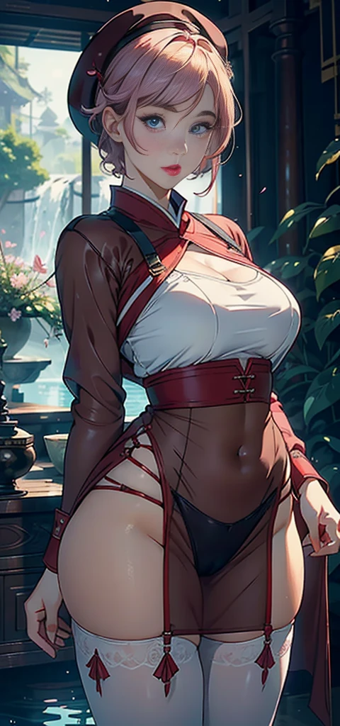 1female,45 yers old,Married Woman,MILF,plumw,extremely large bosom, solo,(Background with:ponds,Cherry blossom forest,rainforests,lotus flower)Lie underwater, She has short pink hair,seen from the front,, mostly cloudy sky,(((tmasterpiece),(Very detailed CG unity 8K wallpaper),best qualtiy,cinmatic lighting,detailed back ground,beatiful detailed eyes,Bright pupils,Black eyes,Snow-whiteskin,Redlip(Very fine and beautiful),(Beautiful and detailed eye description),ultra - detailed,tmasterpiece,))facing at camera,A high resolution,ultra - detailed),revealing breasts,just genitalia, Bulge,legs are open,Raised sexy,Camel toes,Desire for dissatisfaction,frontage,(Wearing:flightattendantuniform,beret,Red Hanfu,Red transparent apron,just ,white stockings)