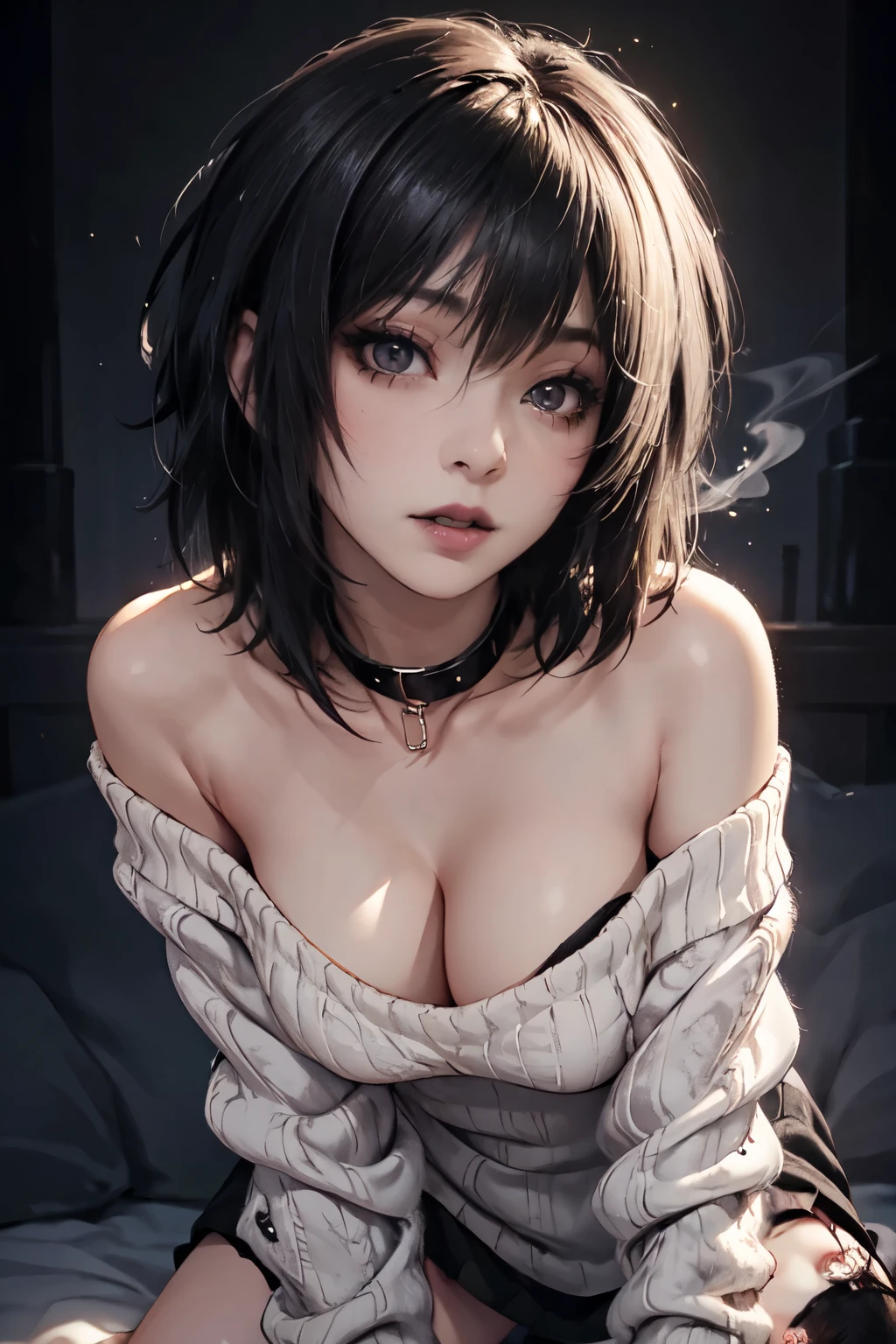 Girl, woman, emo_hairstyle, black lipstick, dog collar, eyeliner, eye shadow, smoky eyes, realistic lighting, short hair, cleavage, sweater dress, off shoulder, thighighs, strapless, shiny skin, all fours, arched back, big breast.