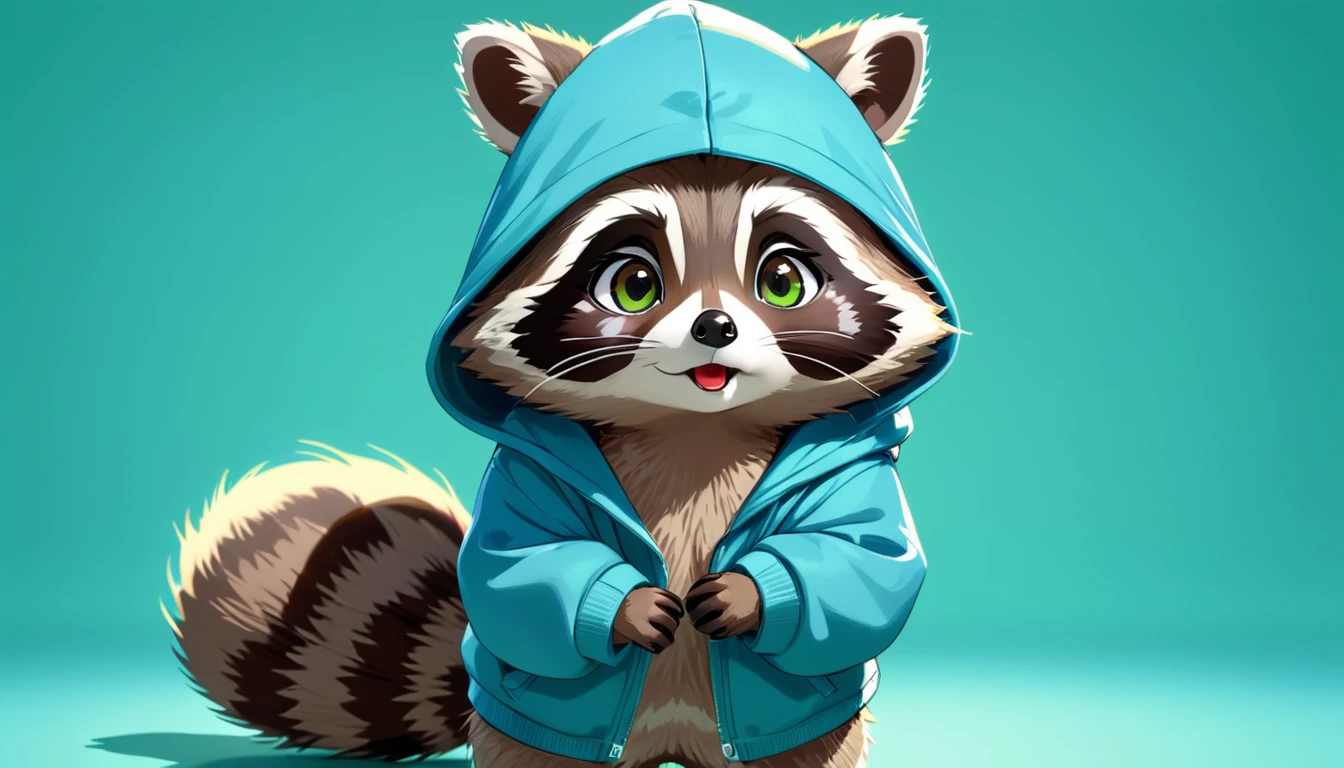 raccoon Lip-syncing face close-up、Warm brown、Japanese animation style、 cute、Standing posture、Bipedal、The fur is fluffy、Background Green Screen、Wearing a large blue hoodie、
