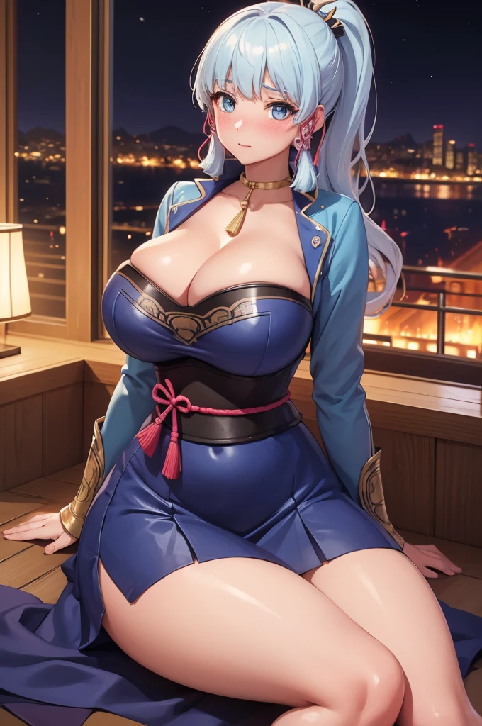 (Kamisatoayakadef), (narrow waist), blushing, official art, detail face, cg,looking at viewer, (sitting),indoor, (expansive landscape photography:1.2),(night), huge breast, cleavage