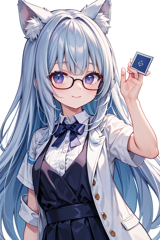 (masterpiece、Highest quality)girl、Drawing an oracle card、Wearing glasses、Small breasts、Upper Body、White Background、Cute Smile、She's wearing an emerald green dress、Don't expose your shoulders、Hair bob-cut、Black Hair、clear、The background is simple、Illustrated style