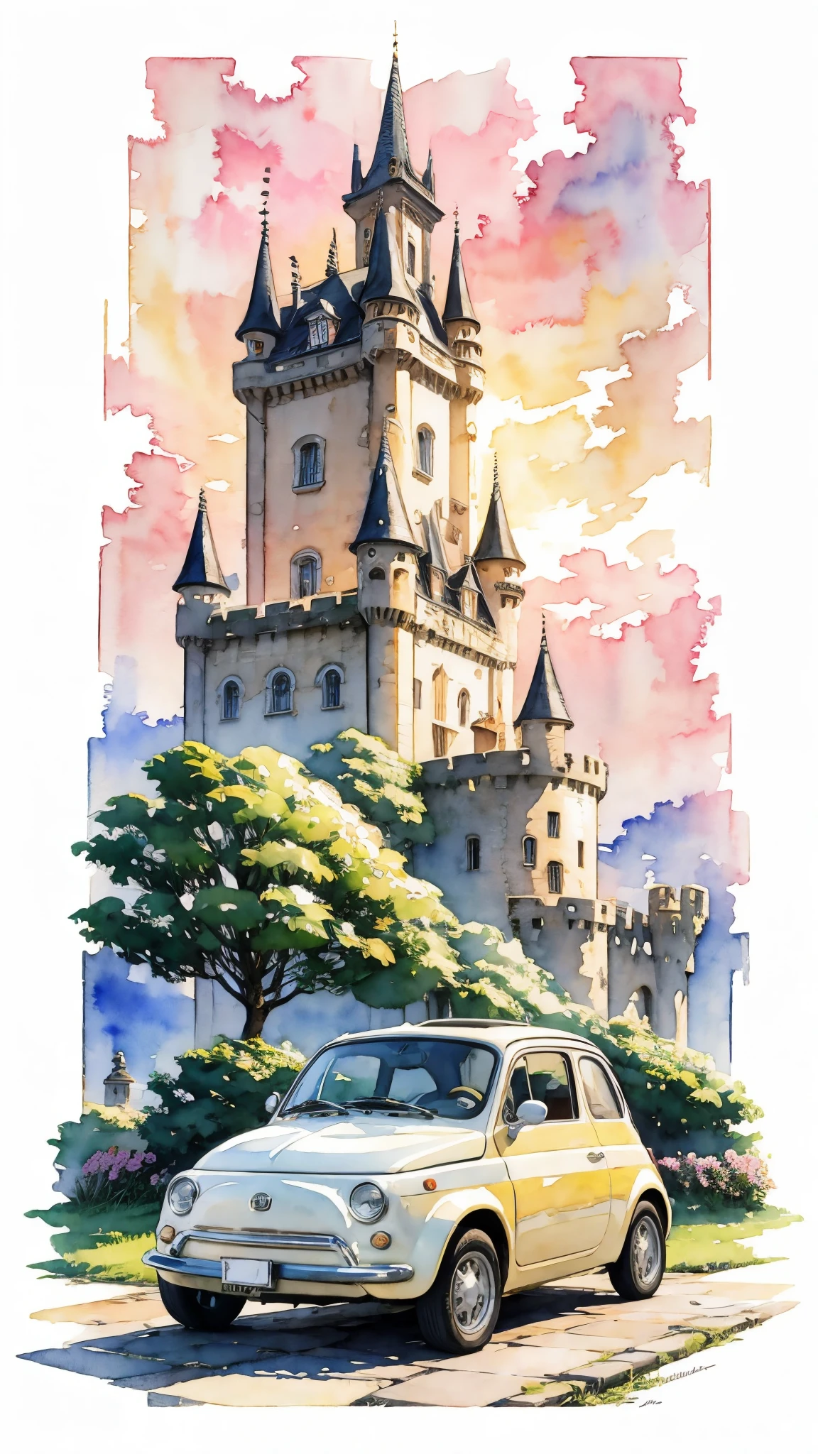 (masterpiece:1.2, Highest quality),(Very detailed),(((watercolor))),8K,wallpaper,Cream-colored Fiat 500,With the castle in the background,Sunset,(((Ghibli style))),透明watercolor
