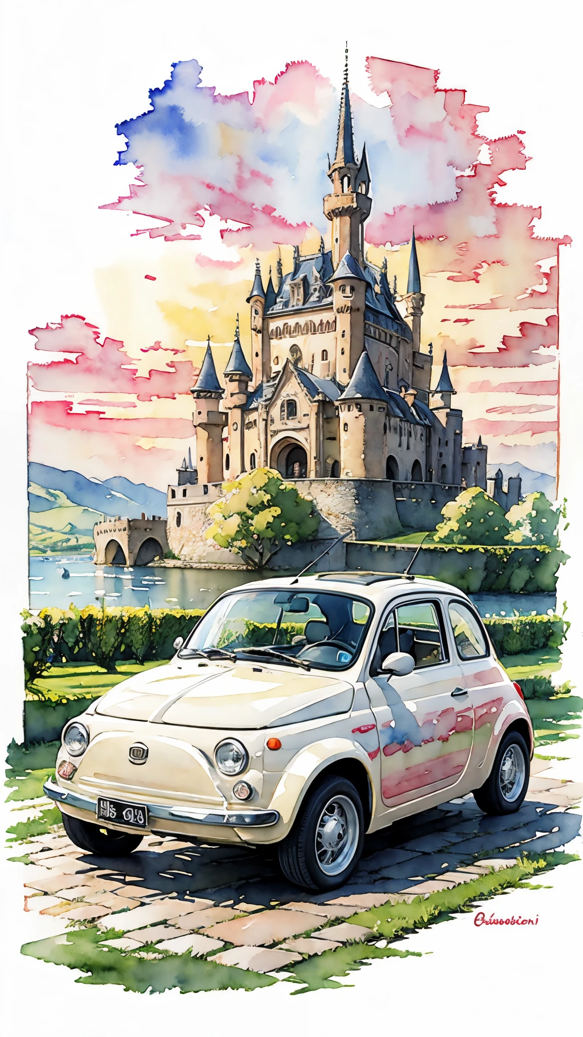 (masterpiece:1.2, Highest quality),(Very detailed),(((watercolor))),8K,wallpaper,Cream-colored Fiat 500,With the castle in the background,Sunset,(((Ghibli style))),透明watercolor