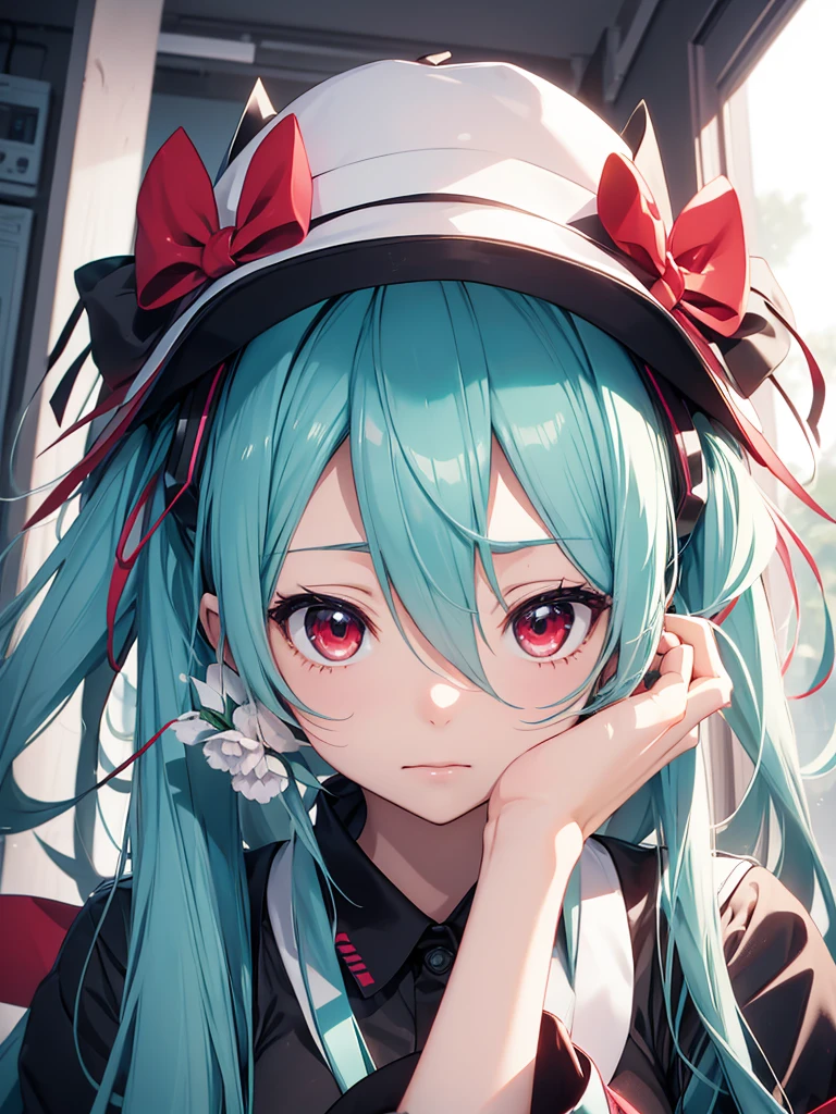 hatsune miku, wake up, red eyes