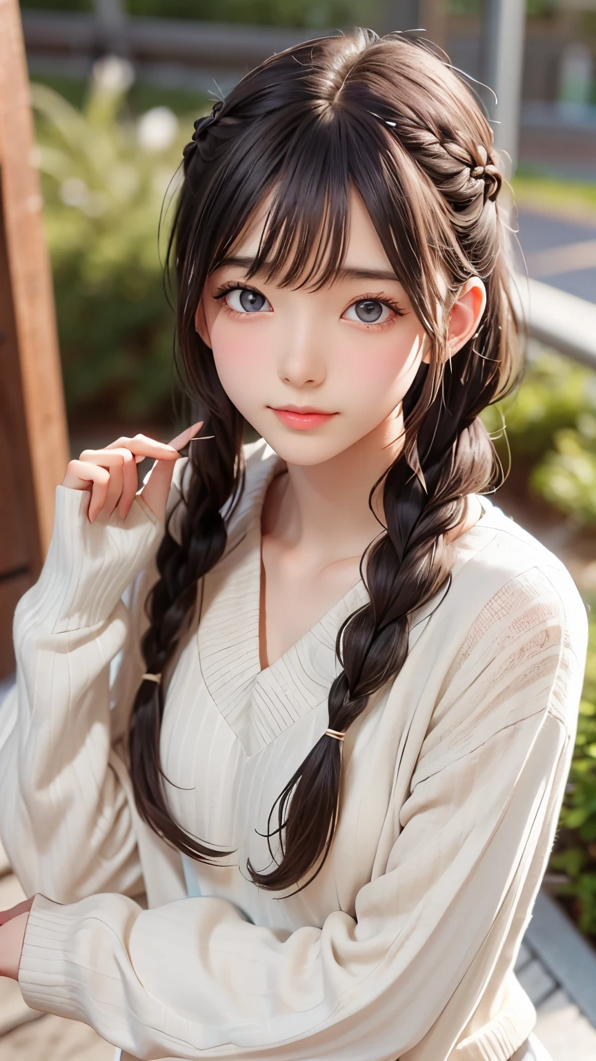 Highest quality, masterpiece,Gray Hair, Golden Eyes,White clothes, look up, Upper Body,hair,Fair skin,Side braid