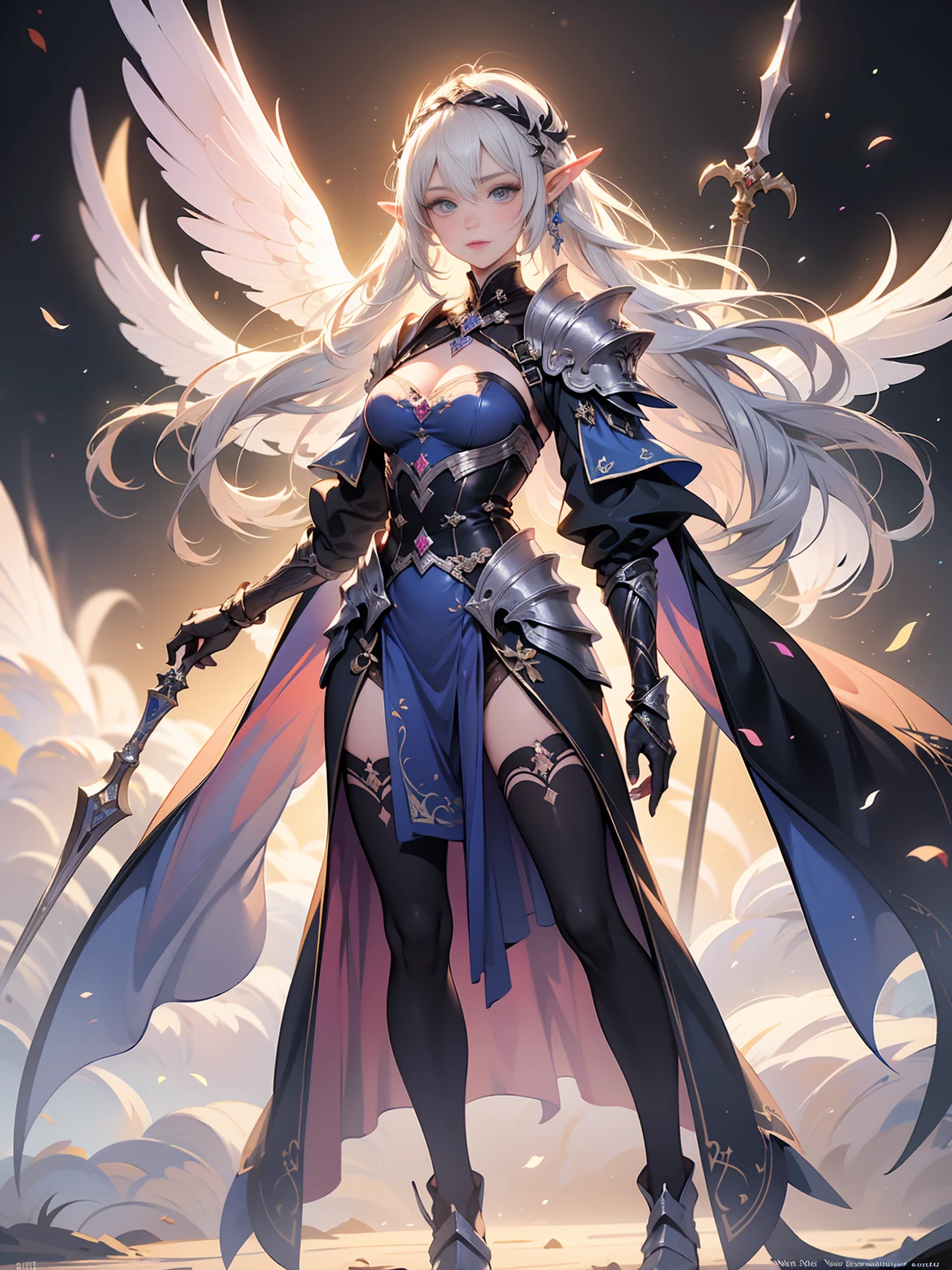 (((masterpiece, best quality, high detailed, 4k))) Design a layout showcase Gaming character, (1girl). Purple|Black clothes, stylish and unique. ((showcase weapon:1.4)), holy majestic spear. (masterpiece:1.2), (best quality), ultra-detailed. (Step by step design, layout art:1.5), (luminous lighting, atmospheric lighting). arcane elf, ((glove full hands)), (((revealing clothes:1.3))), vambraces, armored legwear, (((full_body_shot:1.4))). {In a mystical library}. (zentangle, mandala, tangle, entangle), (fractal art:1.3), maxiskirt, dress conservatively, (elf:1.2), solo, full body, wide shot, standing with white boots, holding spear down, blunt bangs, hair between eyes, white hair, golden eyes, long hair, elf ears, Valkyrie white armor, angel, chest protector, side bang, from front, extra size body, night, mountain, looking at viewer, dynamic pose, art style by Artgerm, by Kawacy, by Wadim Kashin, BREAK, eyelashes, eyeshadow, pink eyeshadow.