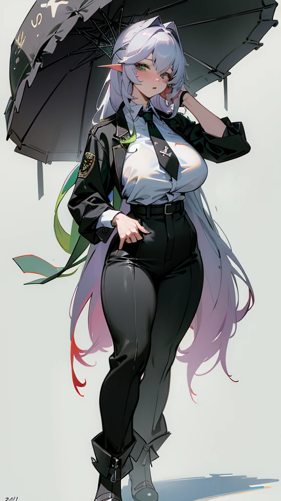(Surreal), (Illustration), (High resolution), (in 8K), (Extreme Detail), (Best Illustration), (beautiful detail), (Best Quality), (masuter piece), (Wallpaper), ( Detailed face)、poneyTai、an eye patch、Black shirt、pant suit、neck tie、deacon、Wear less revealing clothing、full body Esbian、Realistic fantasy rendering, Realistic anime girl rendering, Full body portrait, (Big Breast: 1.4) popular in CGSTATION, wlop. 4K、highlight in eyes、Night background