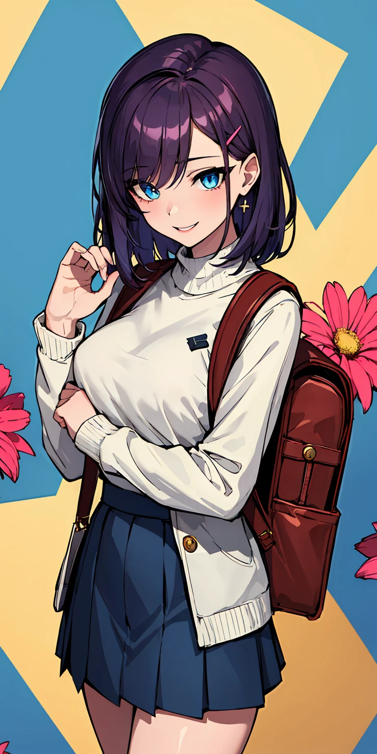 (absurdres, 8k, 4k, masterpiece, hyper extreme detailed:1.2), solo, 1girl, front view, cowboy shot, perfect anatomy, half body, perfect face, 1girl, portrait, solo, standing, Female, Mature Female, expressive eyes, perfect face, dark purple hair, 1girl, messy hair, perfect anatomy, adult, standing, straight hair, pale, medium hair, perfect anatomy, friendly, happy, good, good natured, kind, kindhearted, understanding, honesty, integrity, empathy, empathic, smile, nice, happy, expressive, cute, caring, Compassionate, Humility, Integrity, Forgiveness, forgiving, sparkling eyes, expressive eyes, swept bangs, medium bust, sweater, cute outfit, blue skirt, wholesome, Patience, love, loving, Generous, savior, saint, saintly, devoted, selfless, Positive, Encouraging, polite, courage, courageous, Considerate, unselfish, Diligent, warm, welcoming, Temperate, Cooperative, faithful, Imaginative, Fairness, fair, perfect, normal, 1girl, cutesy, pins, hairpins, bedroom background, colorful, backpack, flowers, flowers in hair, slender, slim, beautiful, wonderful, college student, warm smile, clasped hands, tilted head, hope, integrity, inspiring, benevolent, huggable, cute outfit, cute bag,