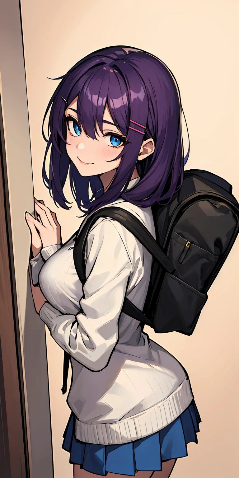 (absurdres, 8k, 4k, masterpiece, hyper extreme detailed:1.2), solo, 1girl, front view, cowboy shot, perfect anatomy, half body, perfect face, 1girl, portrait, solo, standing, Female, Mature Female, expressive eyes, perfect face, dark purple hair, 1girl, messy hair, perfect anatomy, adult, standing, straight hair, pale, medium hair, perfect anatomy, friendly, happy, good, good natured, kind, kindhearted, understanding, honesty, integrity, empathy, empathic, smile, nice, happy, expressive, cute, caring, Compassionate, Humility, Integrity, Forgiveness, forgiving, sparkling eyes, expressive eyes, swept bangs, medium bust, sweater, cute outfit, blue skirt, wholesome, Patience, love, loving, Generous, savior, saint, saintly, devoted, selfless, Positive, Encouraging, polite, courage, courageous, Considerate, unselfish, Diligent, warm, welcoming, Temperate, Cooperative, faithful, Imaginative, Fairness, fair, perfect, normal, 1girl, cutesy, pins, hairpins, bedroom background, colorful, backpack, flowers, flowers in hair, slender, slim, beautiful, wonderful, college student, warm smile, clasped hands, tilted head, hope, integrity, inspiring, benevolent, huggable, cute outfit, cute bag,