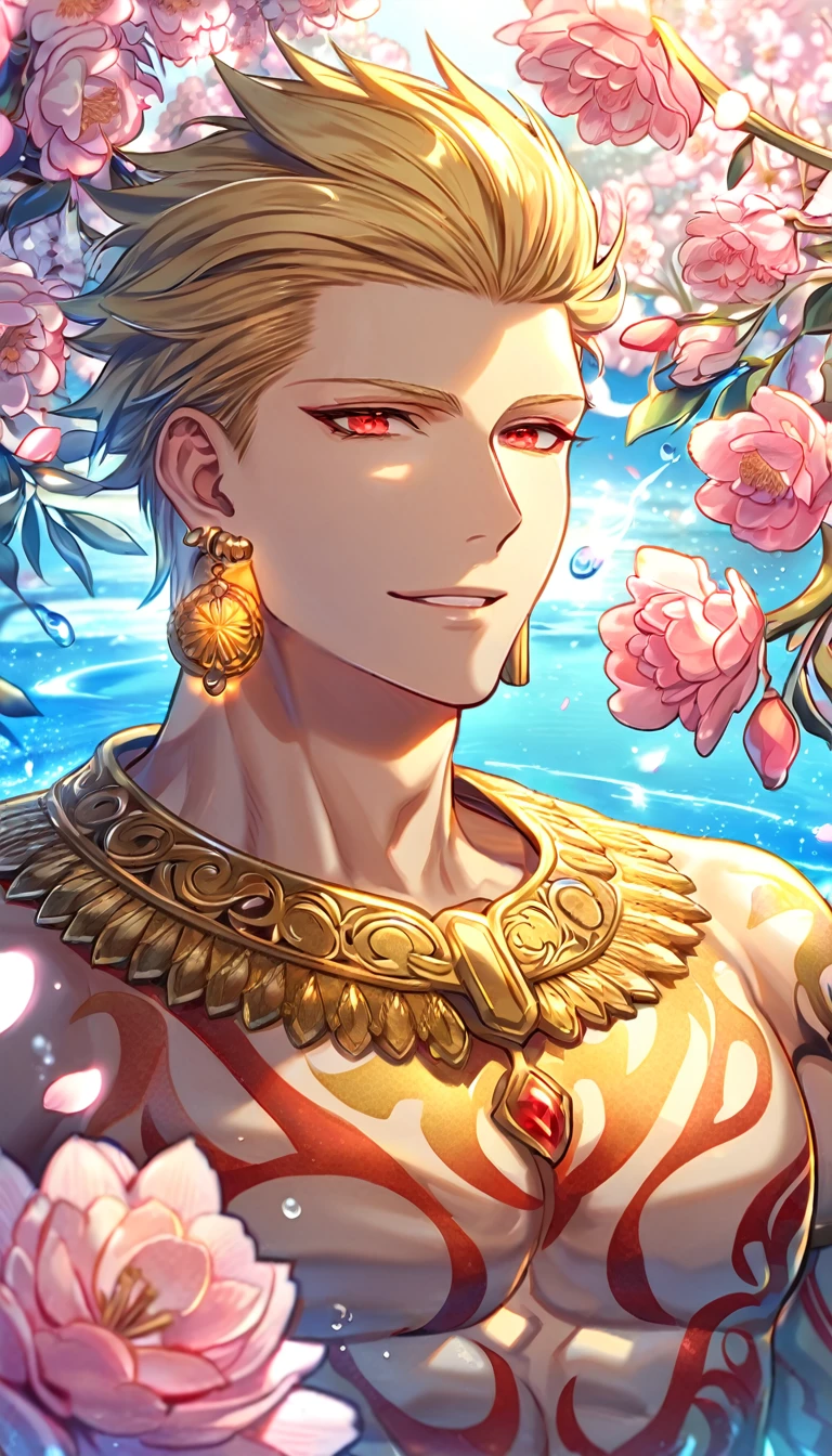 Ultra detailed, highres, absurdres, HDR, master piece, Gilgamesh, blond hair, slicked back hair, expressivee red eyes, bare chest, Fate Grand Order, fantasy, pink petals, water, pink flowers, handsome, sexy man, solo, best quality, blossoms, blue shining fireflies, handsome smile, 1 man only, red tatoo on his chest, toned chest, golden earrings, golden jewelry