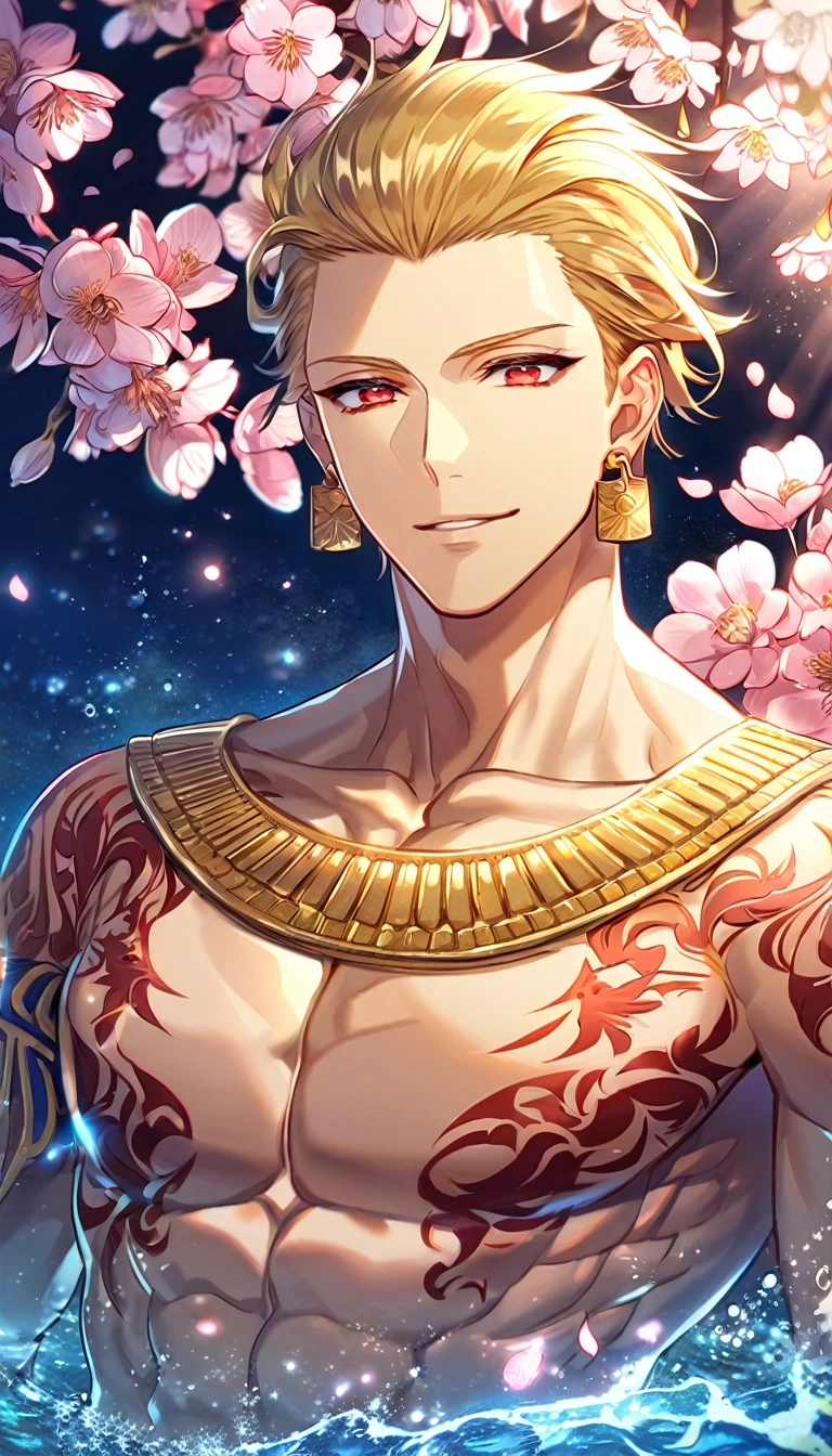 Ultra detailed, highres, absurdres, HDR, master piece, Gilgamesh, blond hair, slicked back hair, expressivee red eyes, bare chest, Fate Grand Order, fantasy, pink petals, water, pink flowers, handsome, sexy man, solo, best quality, blossoms, blue shining fireflies, handsome smile, 1 man only, red tatoo on his chest, toned chest, golden earrings, golden jewelry