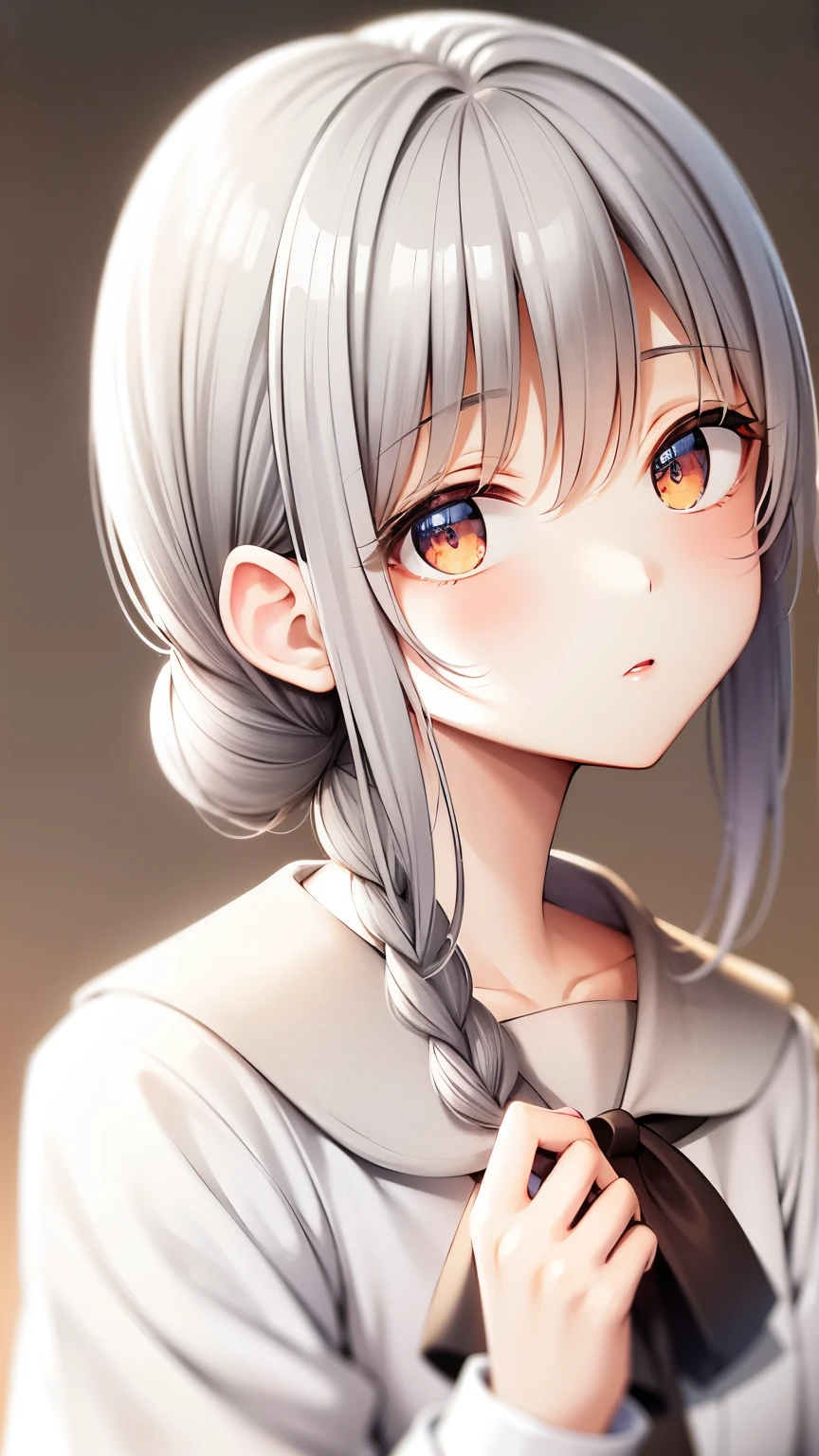 Highest quality, masterpiece,Gray Hair, Golden Eyes,White clothes, look up, Upper Body,hair,Fair skin,Side braid