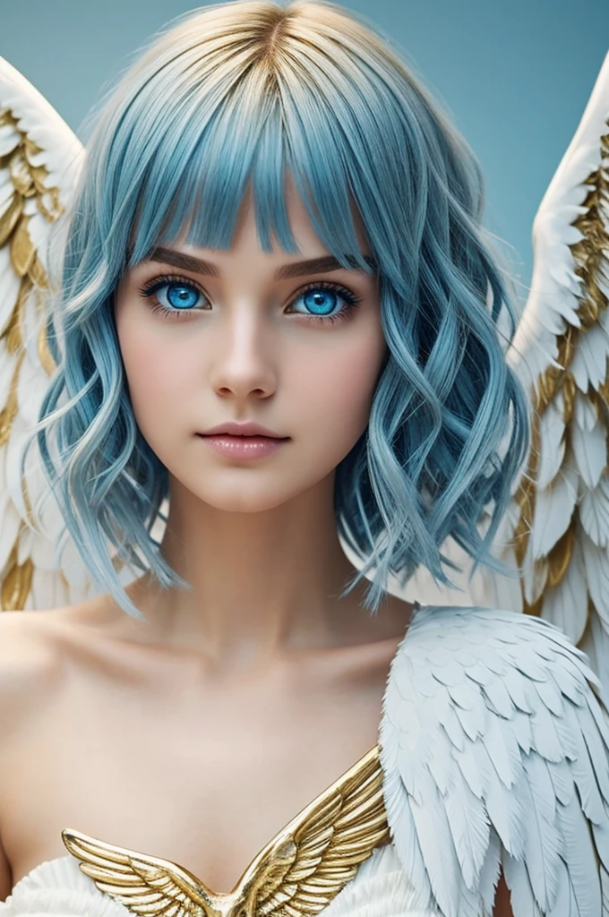 surreal genre, angel girl, short hair in several wavy layers, White color, light blue eyes, beautiful golden wings