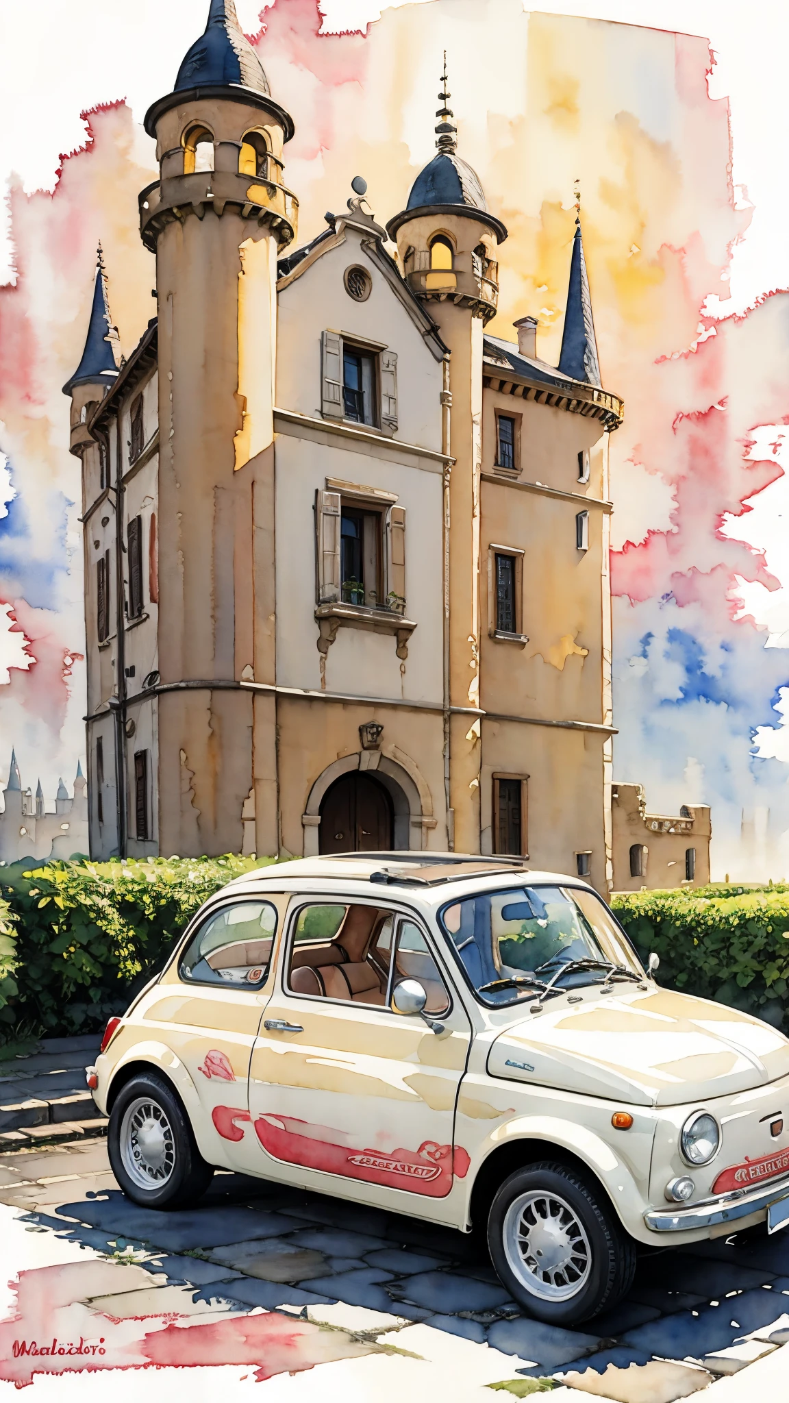 (masterpiece:1.2, Highest quality),(Very detailed),(((watercolor))),8K,wallpaper,Cream-colored Fiat 500,Castle of Cagliostro,Sunset,(((Ghibli style))),透明watercolor
