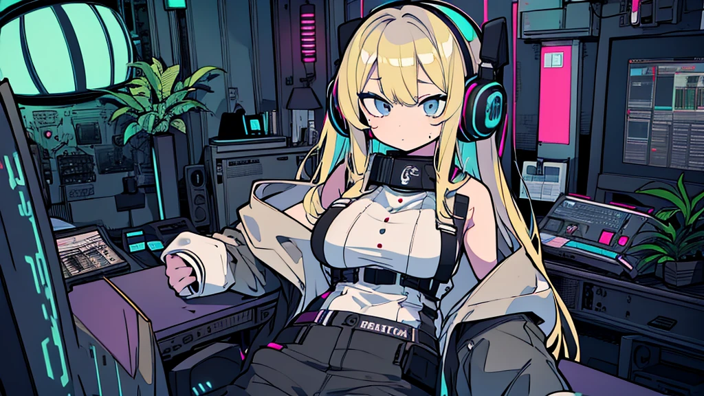 Best quality, (masterpiece:1.2), best detail face, 1 girl, big breasts, 18 yo, 8k,absurdres,unity 8k wall paper,(extremely detailed:1.3), highest realistic, (simple headphones:1.1), (soft neon light:1.1), (floating hair:1.2), (psychedelic:1.2), Her room full of music equipment and plants, Leaning back on the chair with a casual attitude, Light clothing in summer, dark grey color palette, blonde hair
