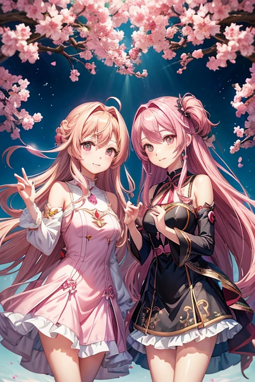 two anime girls with pink dresses and long hair, official anime artwork, Shirabii, azure lane characters, Official Artwork, official illustration, two beautiful anime girls, anime key visual concept art, Official Art, anime goddess, Ayaka Genshin Impact, Sakura Kinomoto, delta macross, Official character art, Comiket cosplay concept art