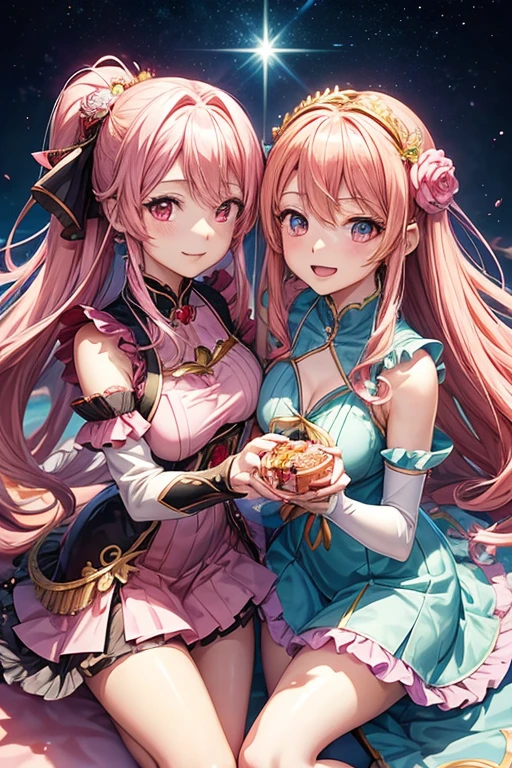 two anime girls with pink dresses and long hair, official anime artwork, Shirabii, azure lane characters, Official Artwork, official illustration, two beautiful anime girls, anime key visual concept art, Official Art, anime goddess, Ayaka Genshin Impact, Sakura Kinomoto, delta macross, Official character art, Comiket cosplay concept art