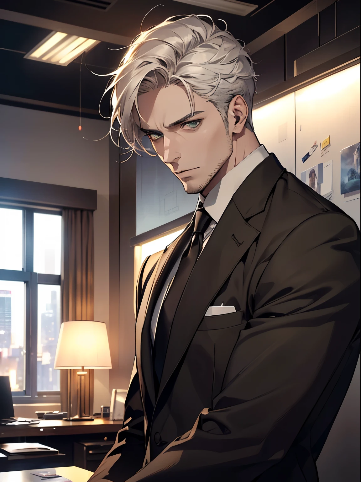(best quality, masterpiece, 8K, photorealistic, cinematic lighting, hdr image, ultra detailed, beautiful image), 1 man, 31 years old, mature man, very handsome, (without expression, serious), short white hair, green eyes ( penetrating gaze), imposing posture, businessman, office background