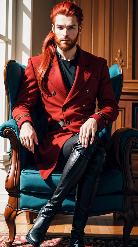 Sitting in the armchair, A beautiful redhead with a ponytail, in elegant black boots, elegant, beautiful female red coat, red painted nails, blue eyes, Beautiful young man, having beard