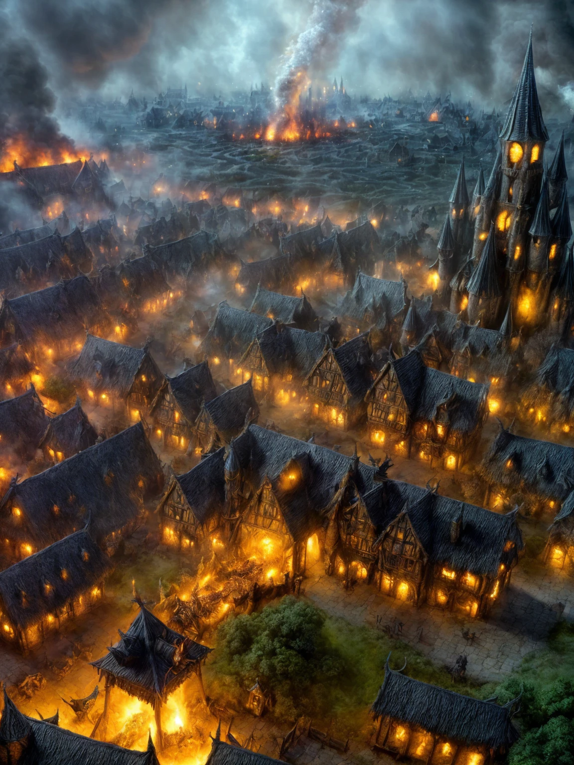(Award-winning masterpiece:1.5), (incredible detail), (hyper realistic:1.4), (whole body:1.7), (medieval witch village under attack), (brutal creature launching an assault), (houses ablaze), (witches screaming in panic), (detailed depiction of destruction), (dramatic lighting), (intricate details:1.1)