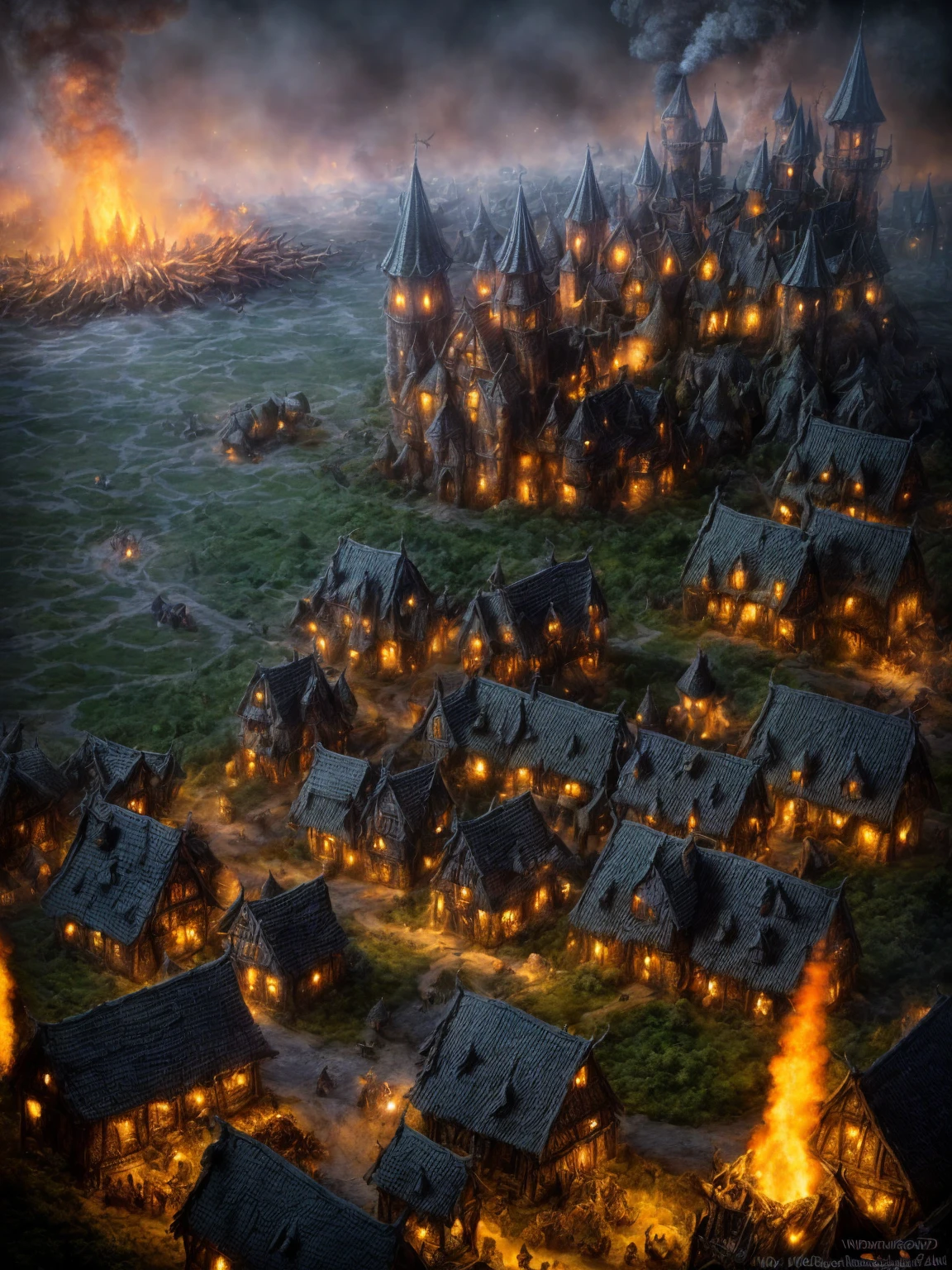 (Award-winning masterpiece:1.5), (incredible detail), (hyper realistic:1.4), (whole body:1.7), (medieval witch village under attack), (brutal creature launching an assault), (houses ablaze), (witches screaming in panic), (detailed depiction of destruction), (dramatic lighting), (intricate details:1.1)