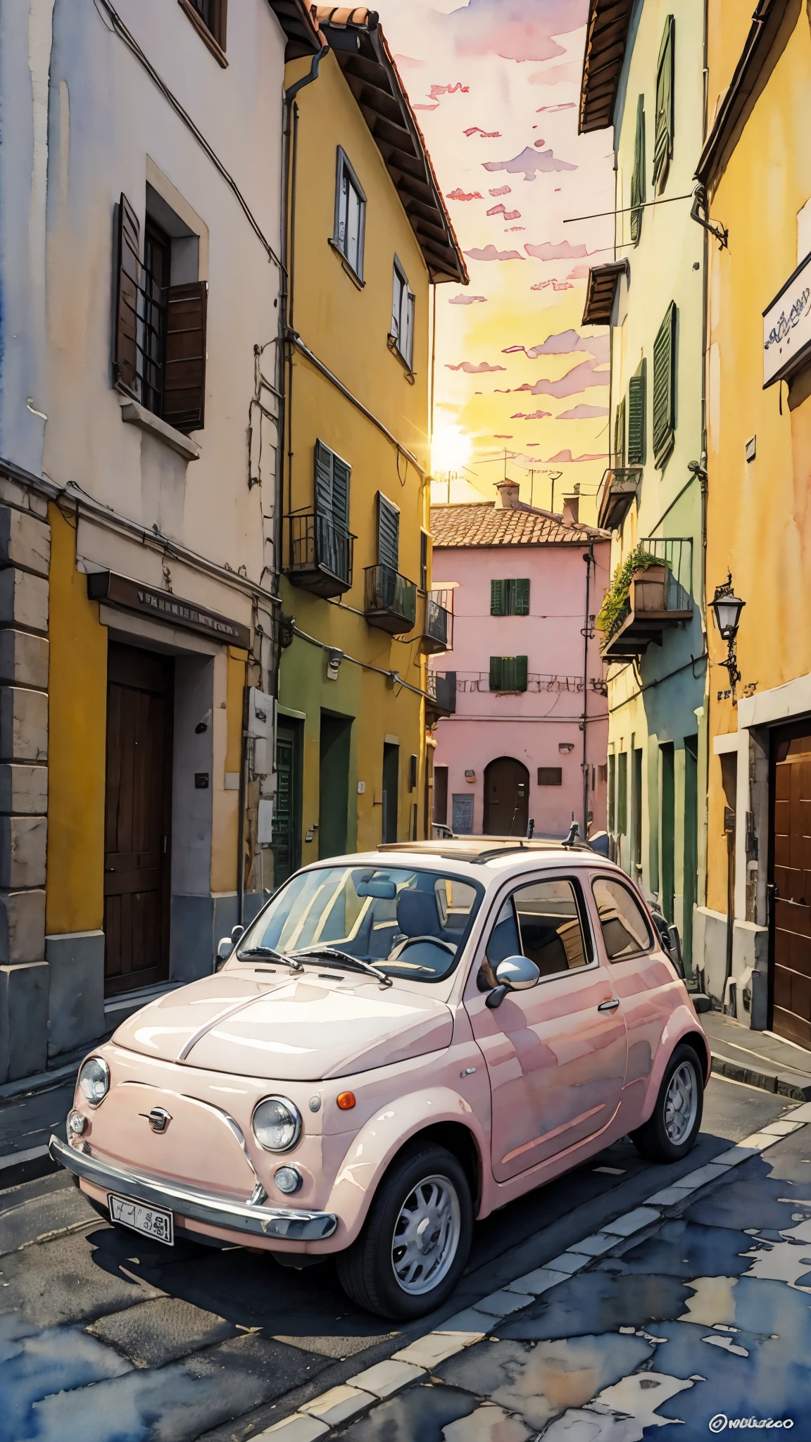 (masterpiece:1.2, Highest quality),(Very detailed),(((watercolor))),8K,wallpaper,Cream-colored Fiat 500,Italian cityscape,Sunset,(((Ghibli style))),透明watercolor