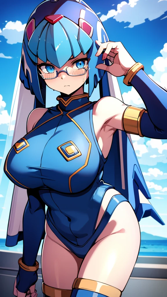 Leviathan_Megamanz, 1 Girl, looking at viewer, blue hair, Blue eyes,Clouds background , Blushed , , Wedding ring, Glasses, chibi , cool glasses, crying, funeral clothes