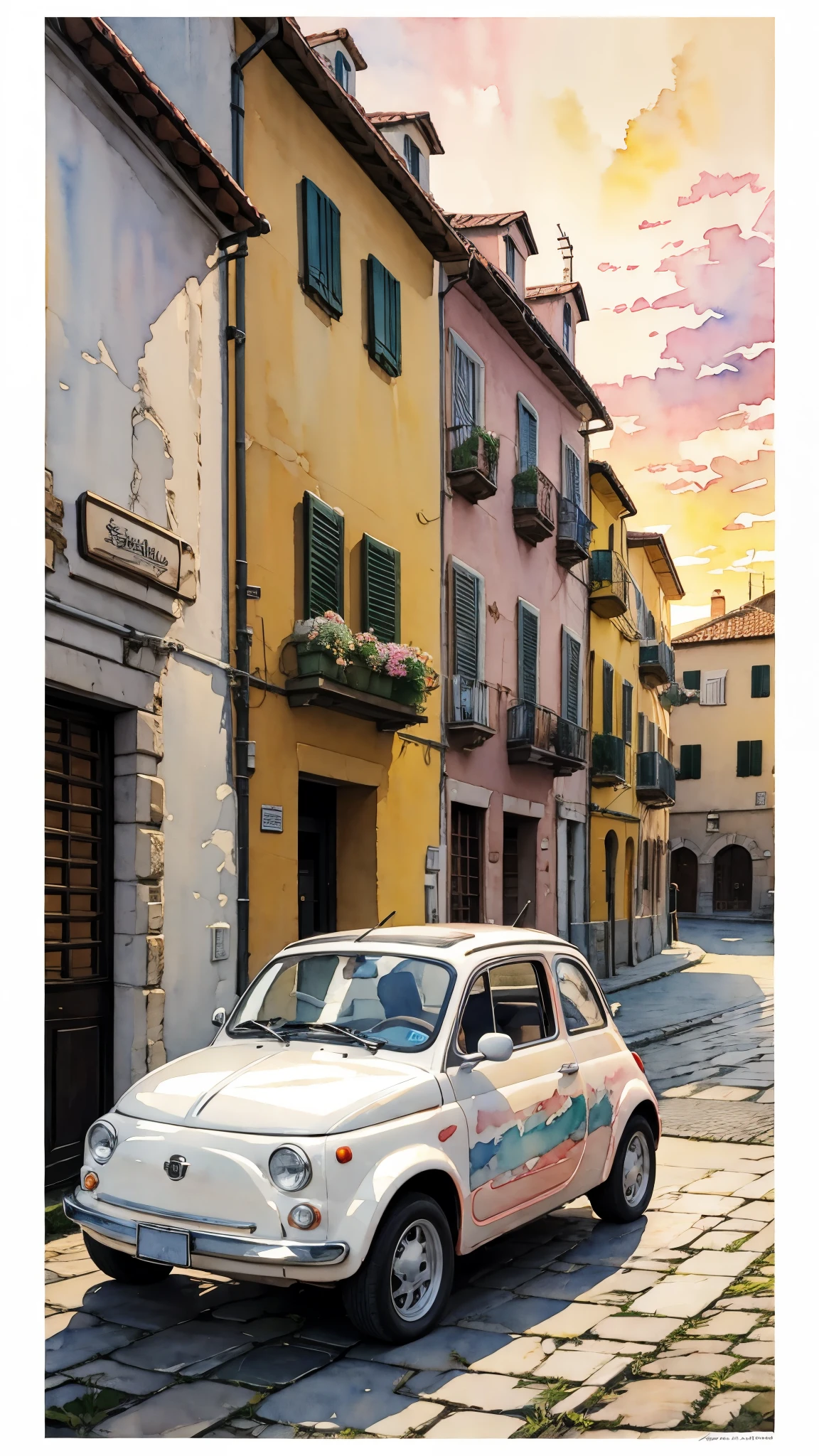 (masterpiece:1.2, Highest quality),(Very detailed),(((watercolor))),8K,wallpaper,Cream-colored Fiat 500,Italian cityscape,Sunset,(((Ghibli style))),透明watercolor