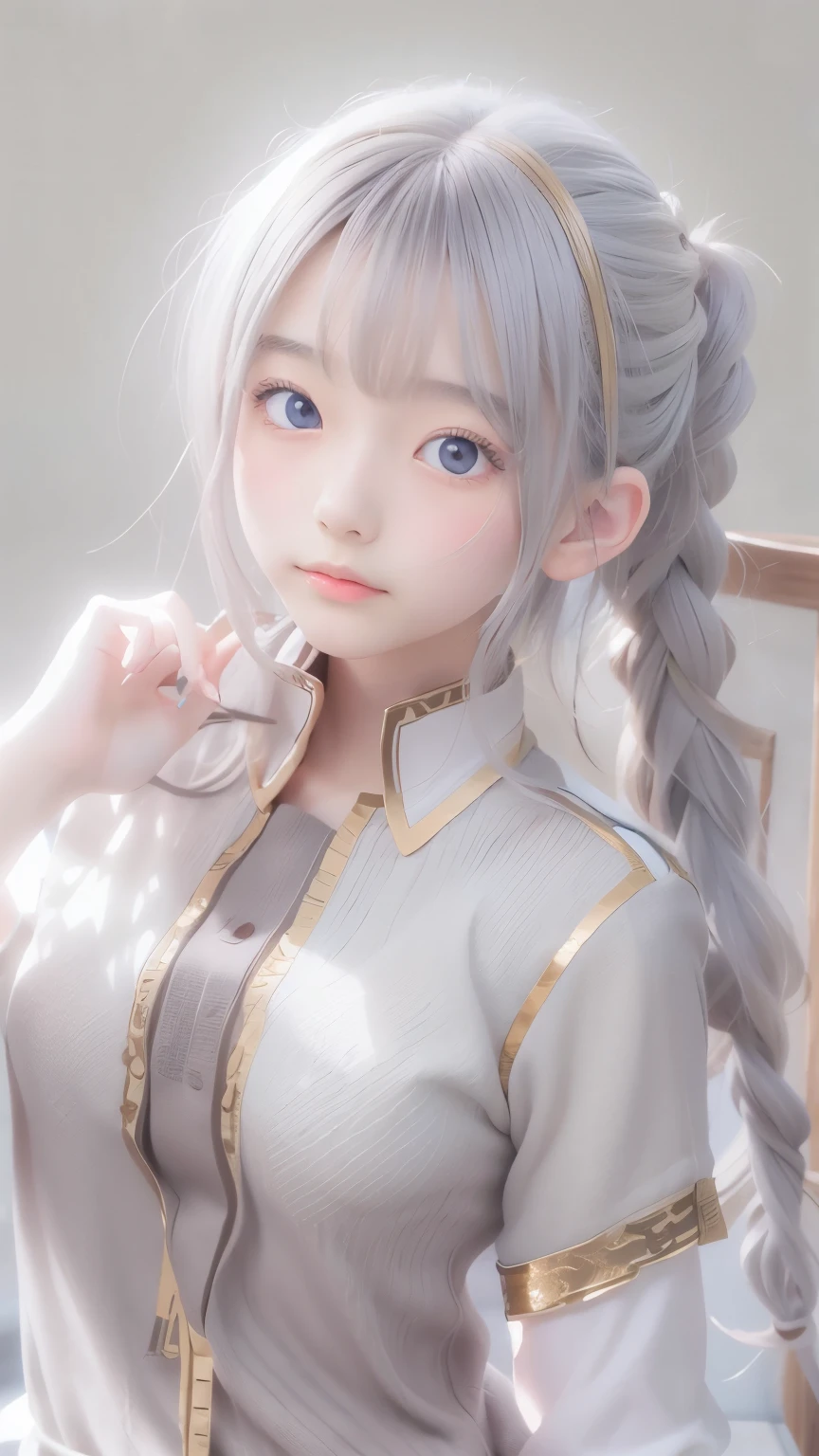 Highest quality, masterpiece,Gray Hair, Golden Eyes,White clothes, look up, Upper Body,hair,Fair skin,Side braid