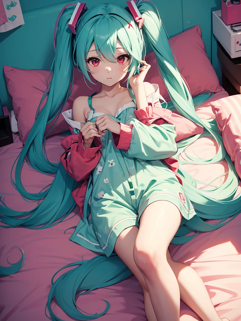 hatsune miku, wake up, pijama, red eyes